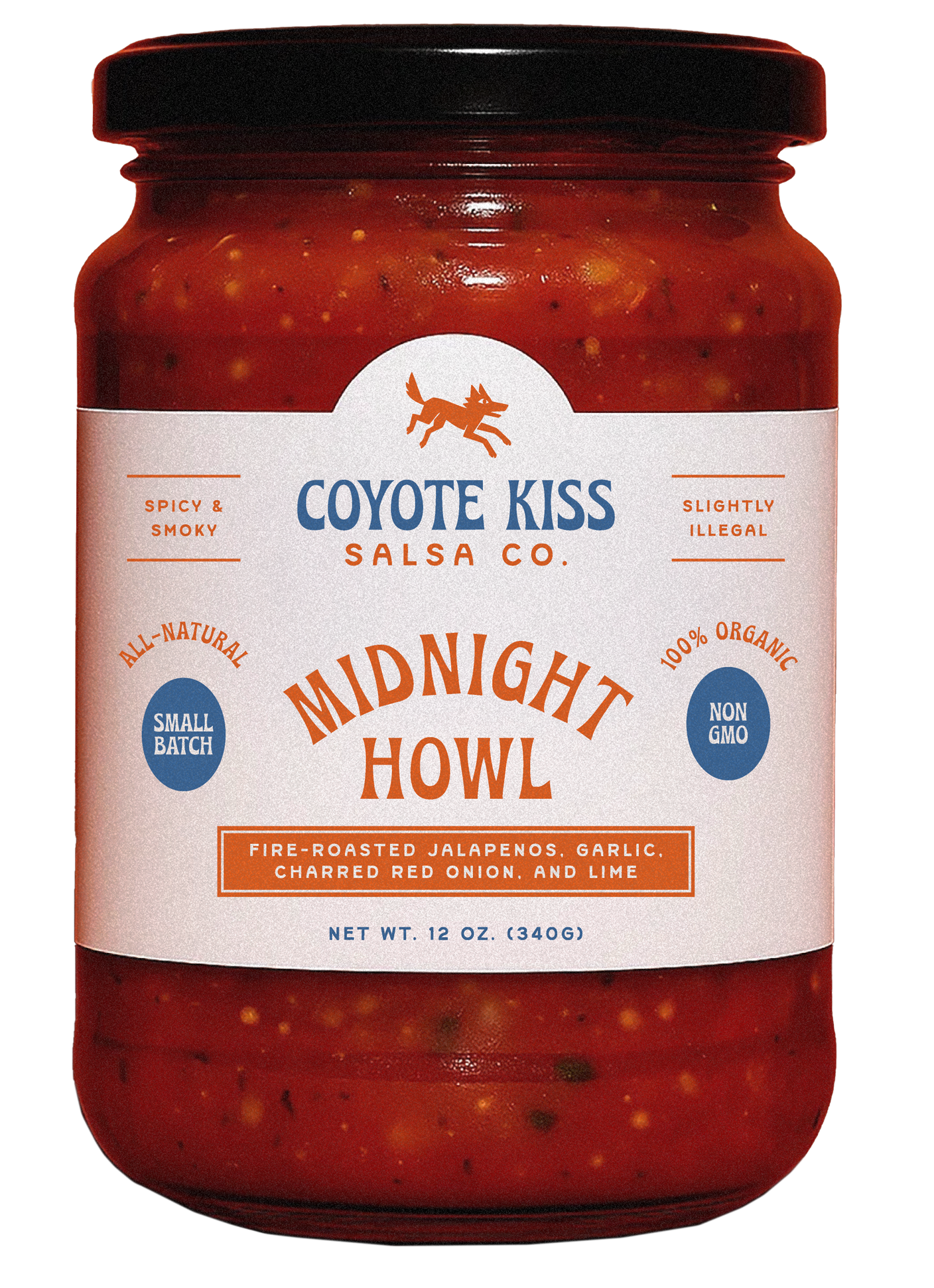 A jar of Coyote Kiss Salsa Company Midnight Howl salsa with a label indicating it is spicy and smoky, slightly illegal, all-natural, non-GMO, 100% organic, and made in small batches. The flavor includes fire-roasted jalapenos, garlic, charred red onion, and lime.