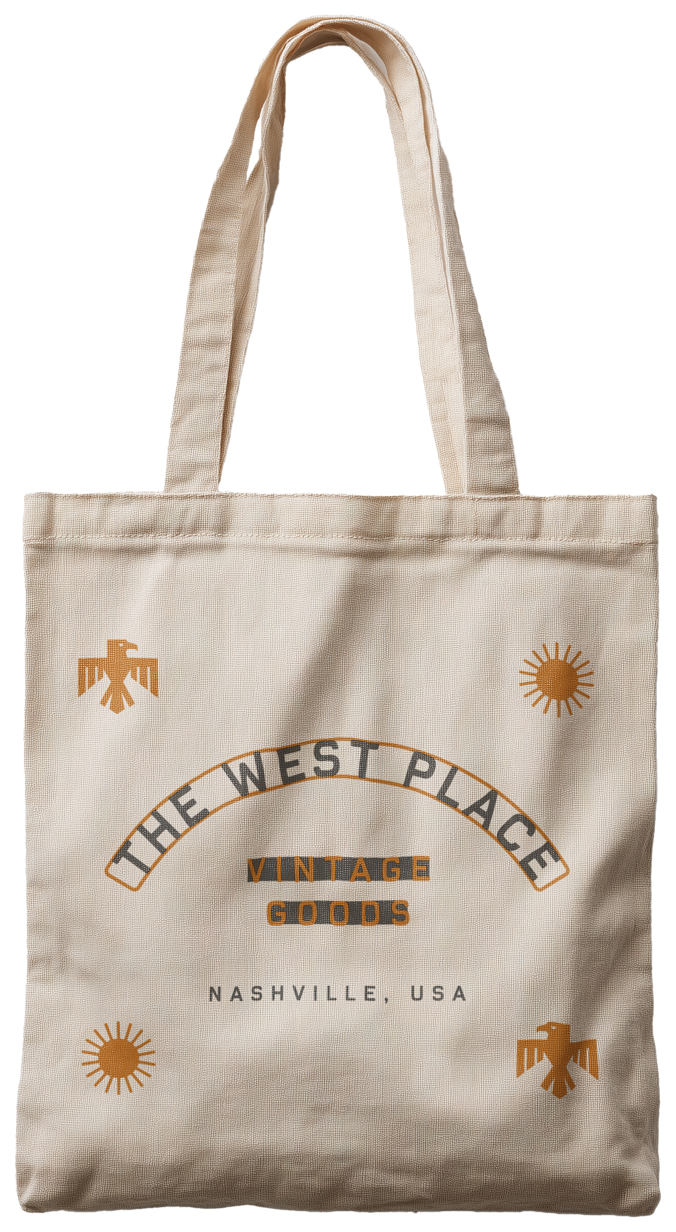 Canvas tote bag with text 'The West Place Vintage Goods Nashville, USA' and sun and eagle graphics.