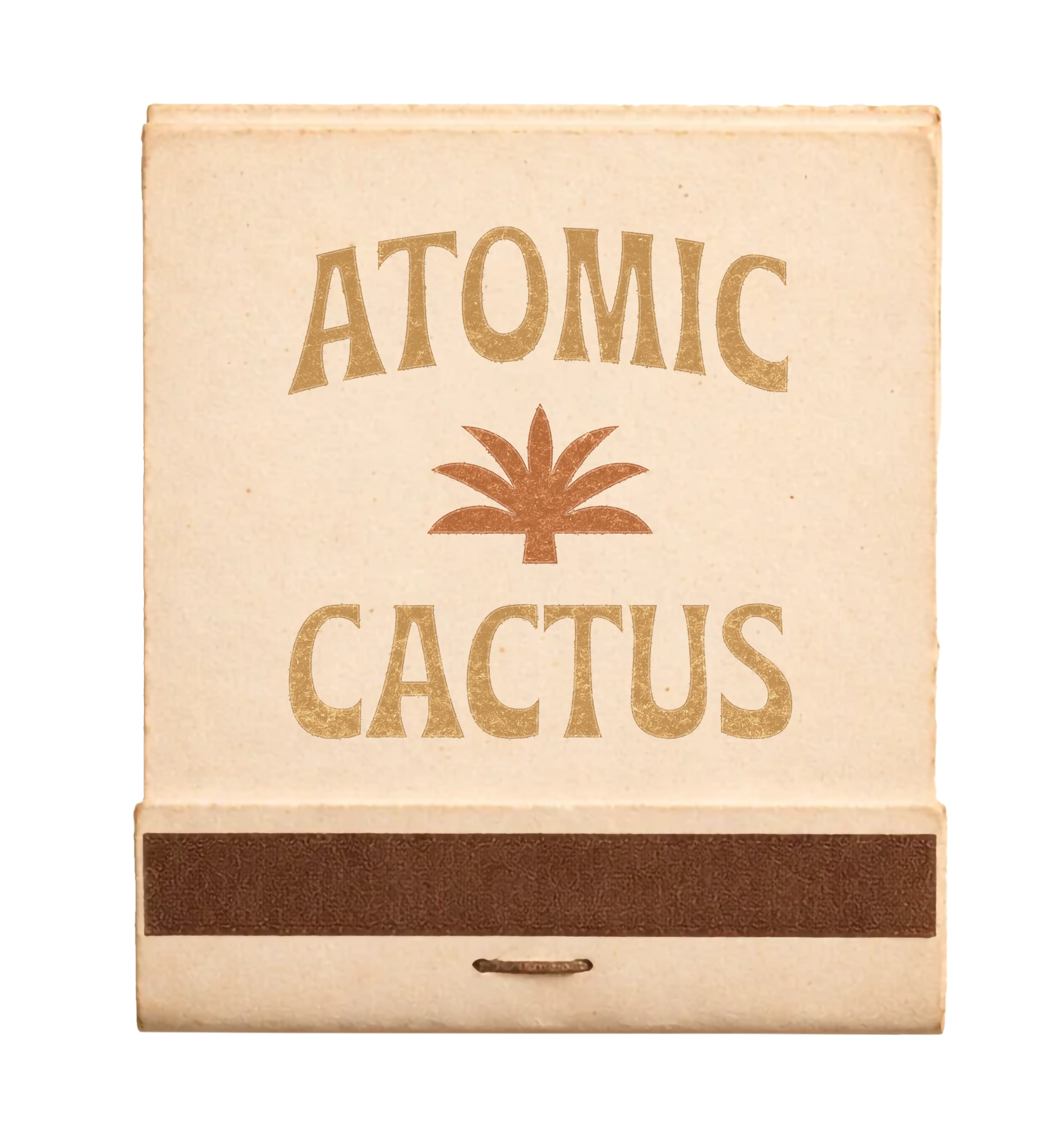 A beige box with the words 'Atomic Cactus' in brown, a cactus leaf icon in the center, and a brown band across the lower part of the box.
