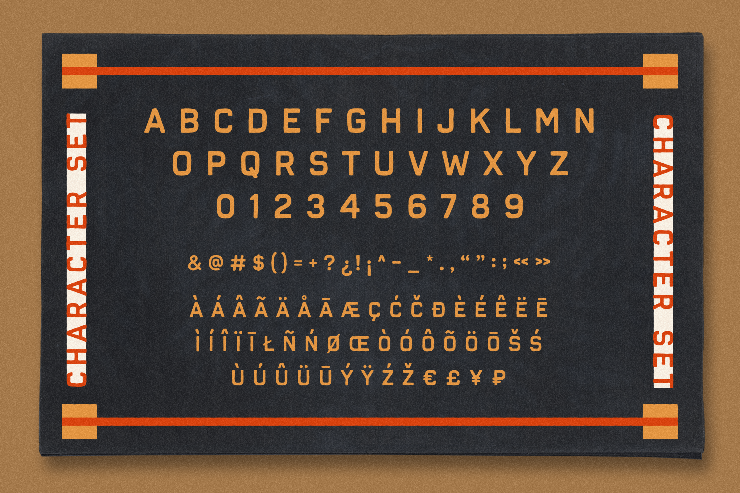 A vintage-style board game titled 'CHARACTER SET' displaying uppercase letters A-Z, numbers 0-9, and various symbols and accented characters in orange font on a dark background, with decorative red and orange borders.