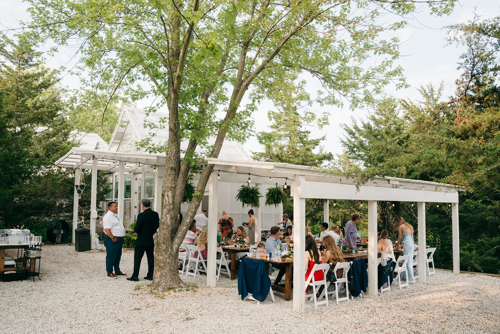 Covered Lean-To Reception Area
24 × 32 ft | A covered space on the south side of the conservatory, often used for cocktail hour, food service, and relaxed mingling close to hallway and bathroom access.