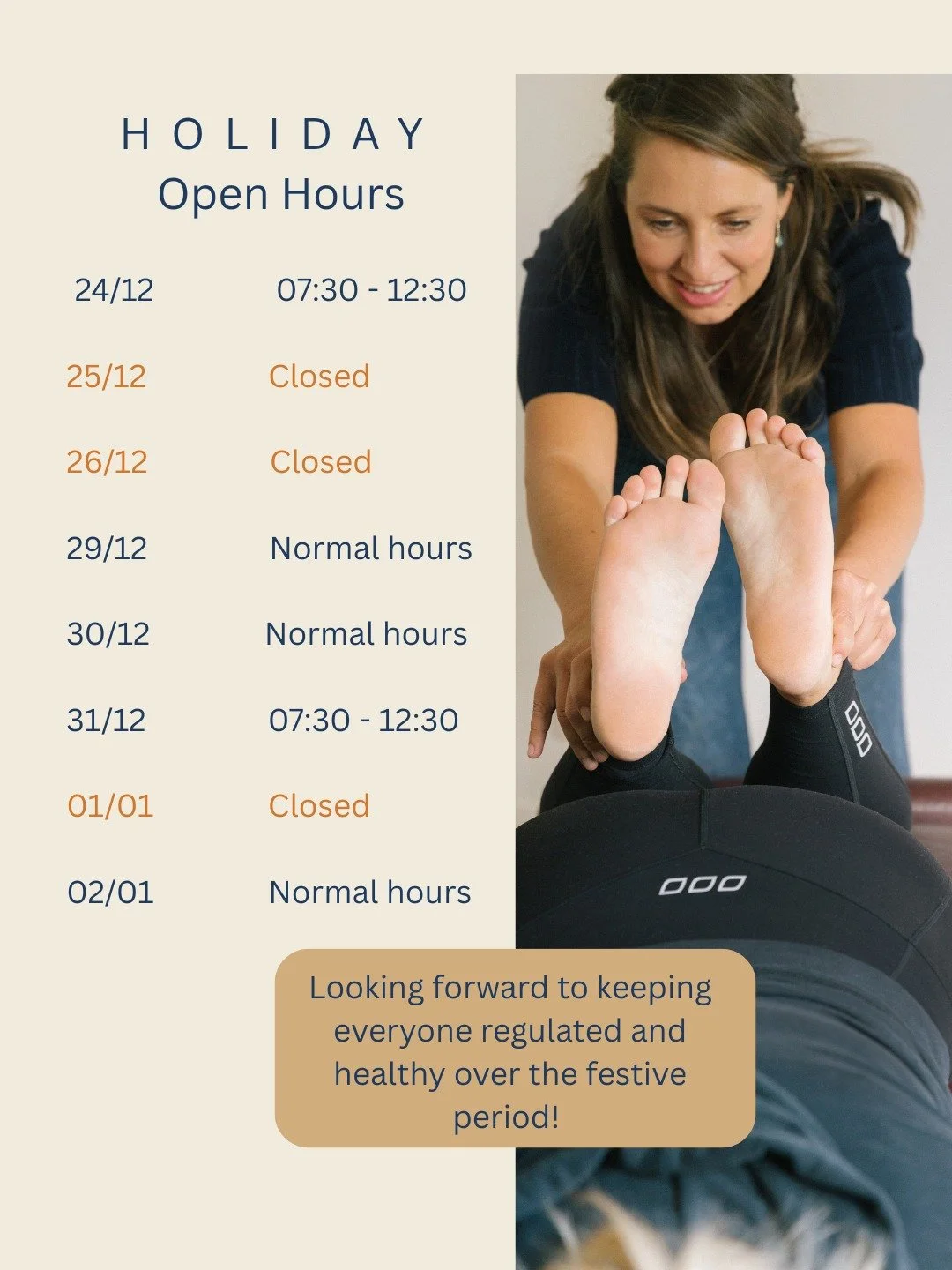 A reminder that we are open throughout the holiday period for existing practice members only; our books are closed for new patients until the 4th of January. We are looking forward to keeping everyone happy and well through this time.