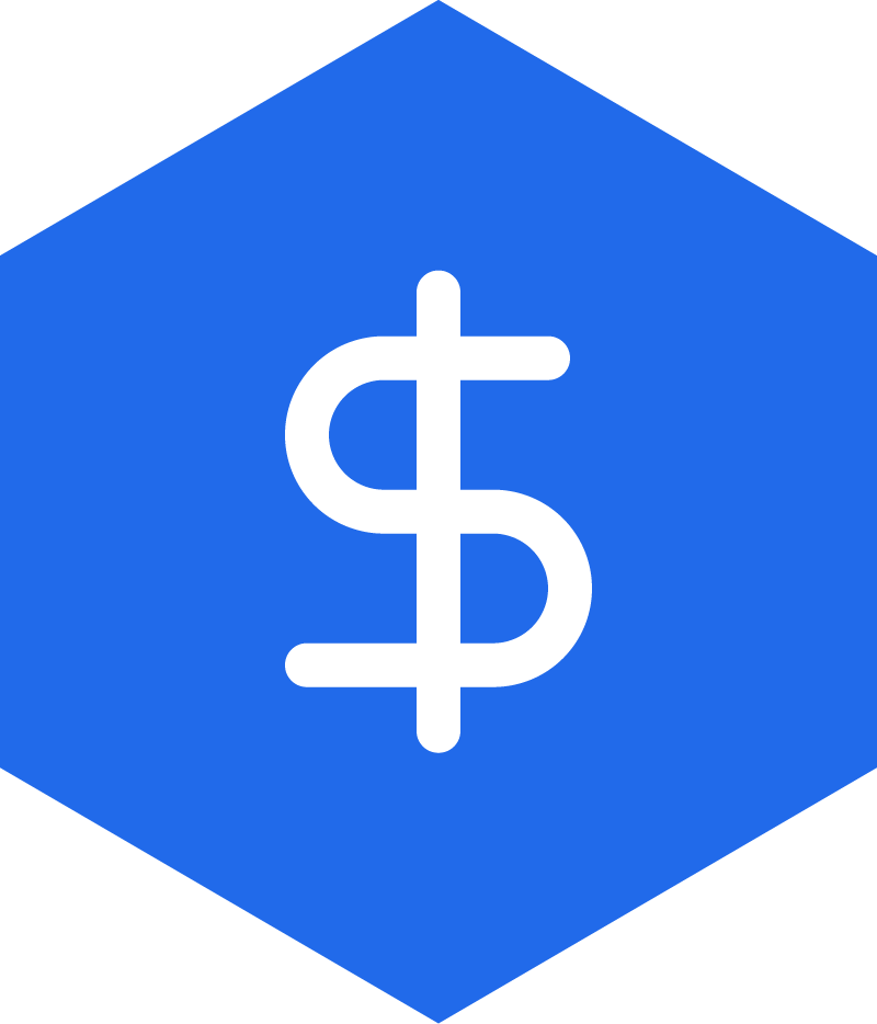 Blue hexagon with a white dollar sign and notch symbol in the center.
