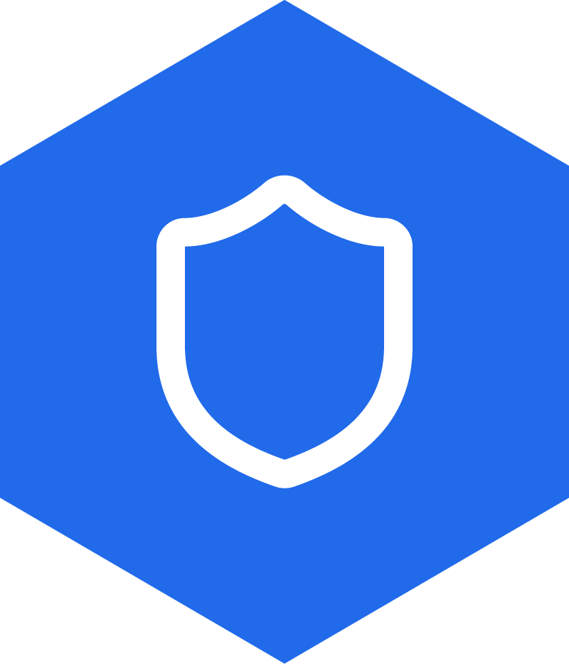 Blue hexagonal icon with a white shield symbol in the center, representing security or protection.