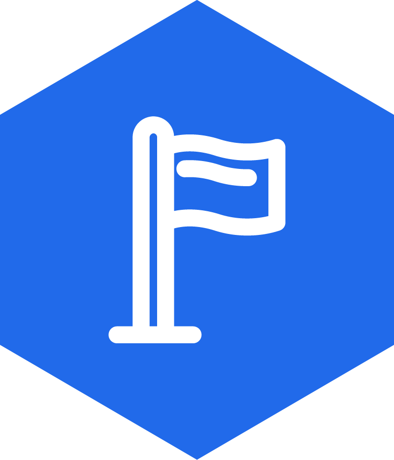 Blue hexagon icon with a white flag symbol in the center.