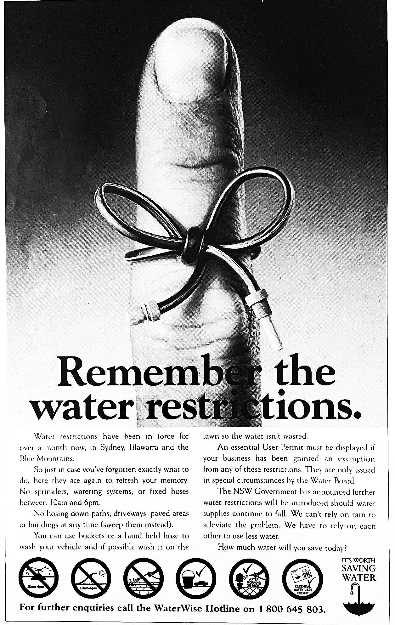 Lintas: 1994:  Waterwise Campaign Ad : Writer Honey Hartley  / Art director : Gary Helps Creative Director : Allen Crew / Media : Full back page : Sydney Morning Herald January 1994