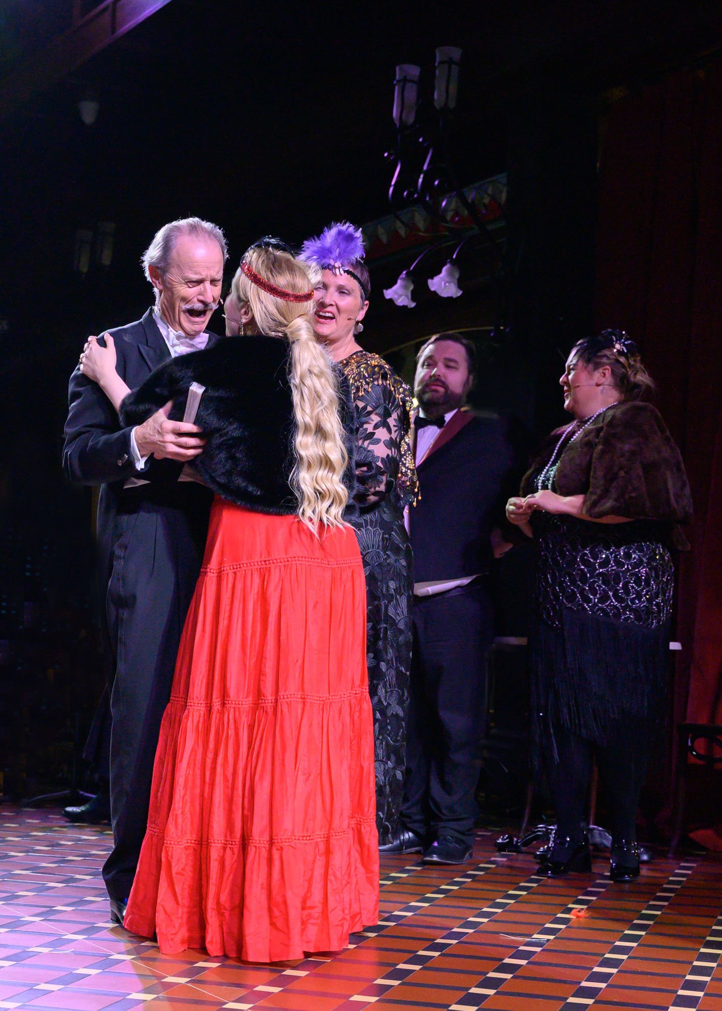 Warwick Shillito (Baron Zeta), Katherine Doig (Valencienne), Louisa Pilkington (Praskovia), David Moseley (Kromov), and Emma Summers (Olga)