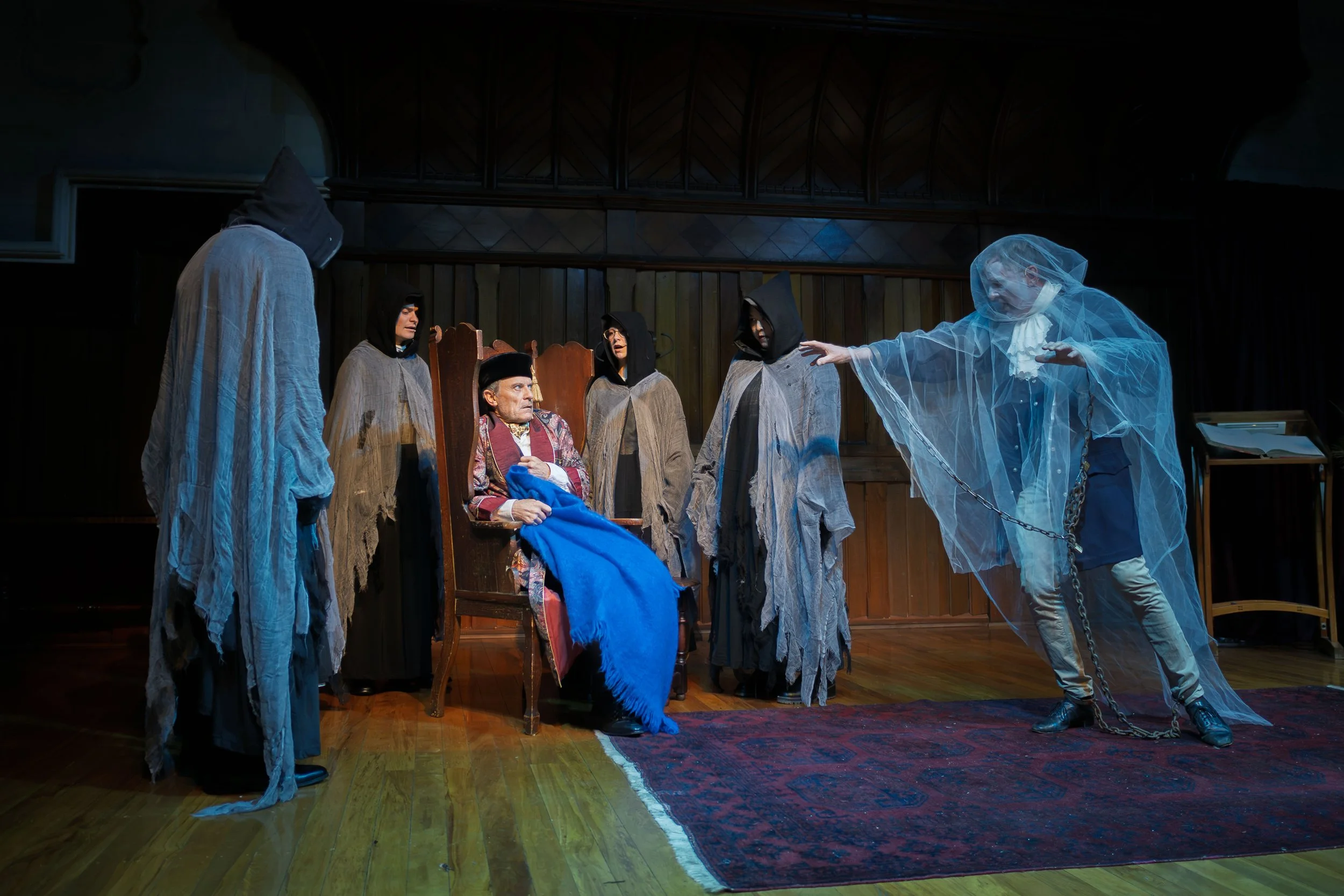 Warwick Shillito (Scrooge), Julian Anderson (Jacob Marley), & Ghostly Chorus