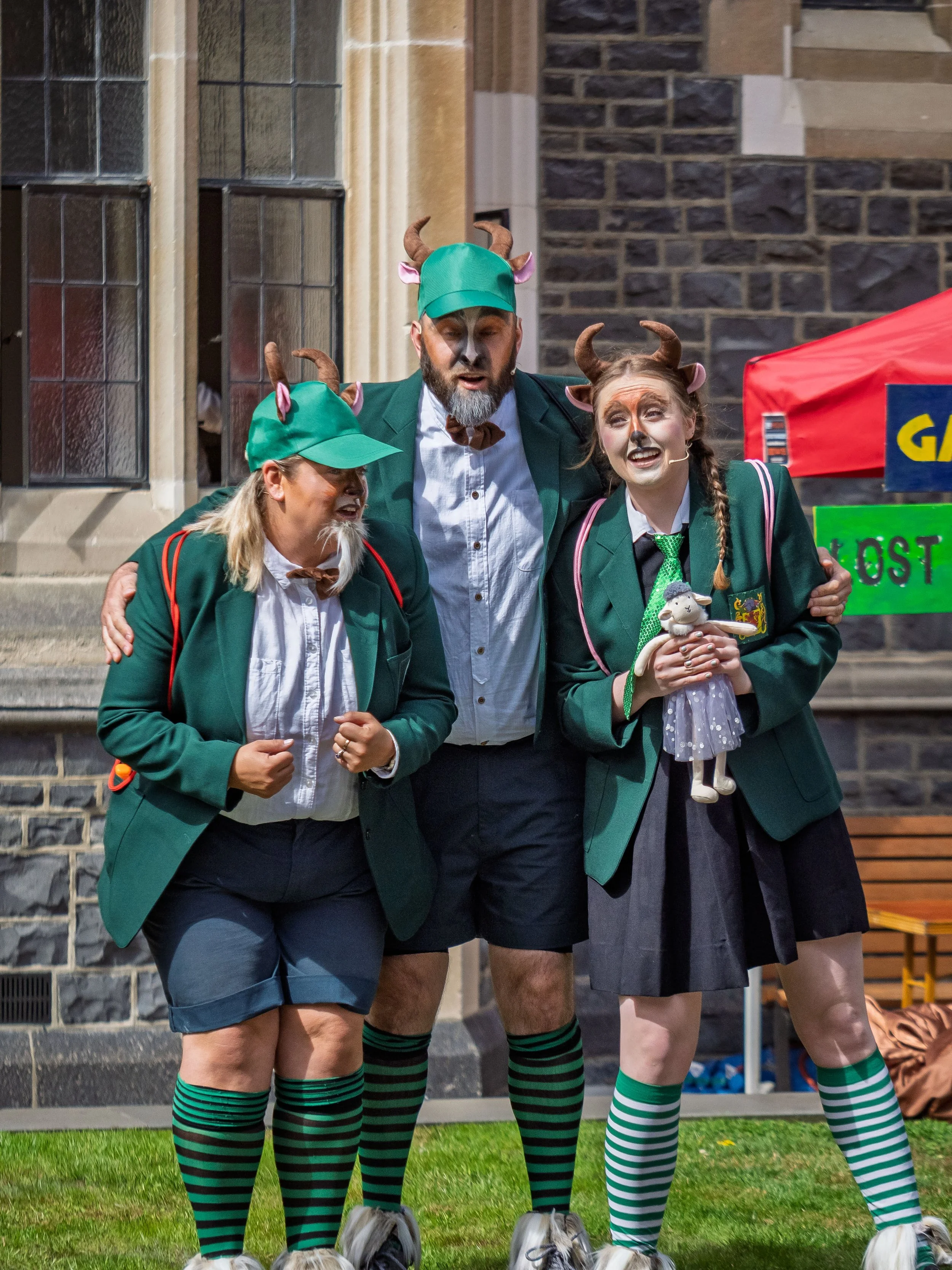 Emma Summers as Dandini Billy Goat, Thomas Woodfield as Ernesto Billy Goat, Elizabeth Ellison as Lucy Billy Goat.

Photograph ©️ Wei Li Jiang for Toi Toi Opera 2025