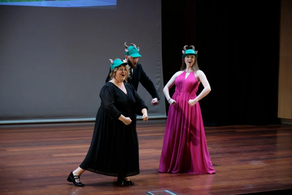 Emma Summers, Thomas Woodfield, and Elizabeth Ellison perform highlights from John Davies' 'The Billy Goats Gruff'