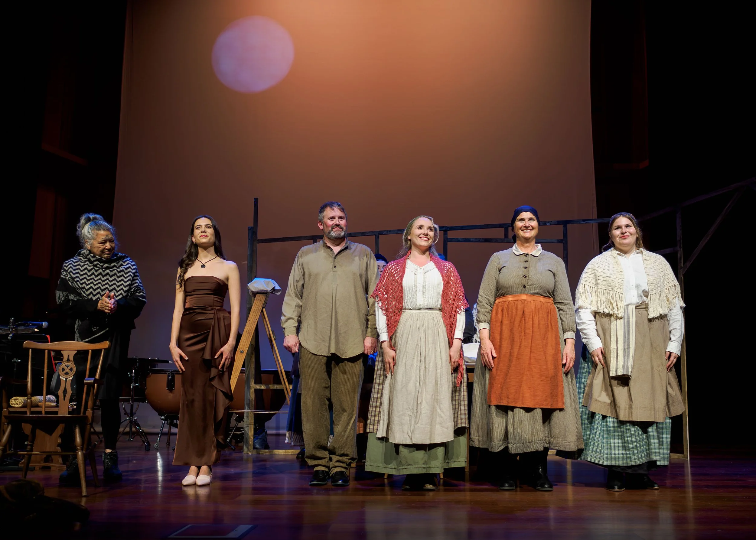 Curtain Call - Featured and Principal Artists, L to R: Mahina-Ina Kingi-Kaui, Holly Evans, Nigel Withington, Matilda Wickbom, Louisa Pilkington, and Erin Connelly-Whyte
