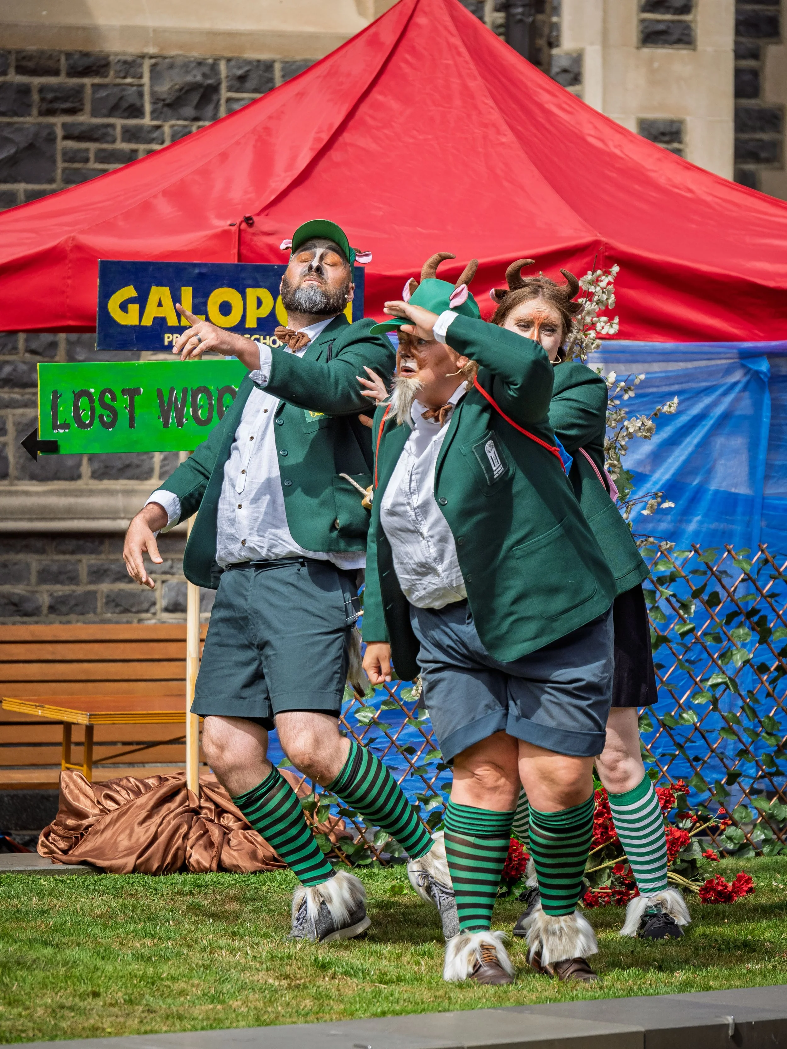 Thomas Woodfield as Ernesto Billy Goat, Emma Summers as Dandini Billy Goat, Elizabeth Ellison as Lucy Billy Goat.

Photograph ©️ Wei Li Jiang for Toi Toi Opera 2025