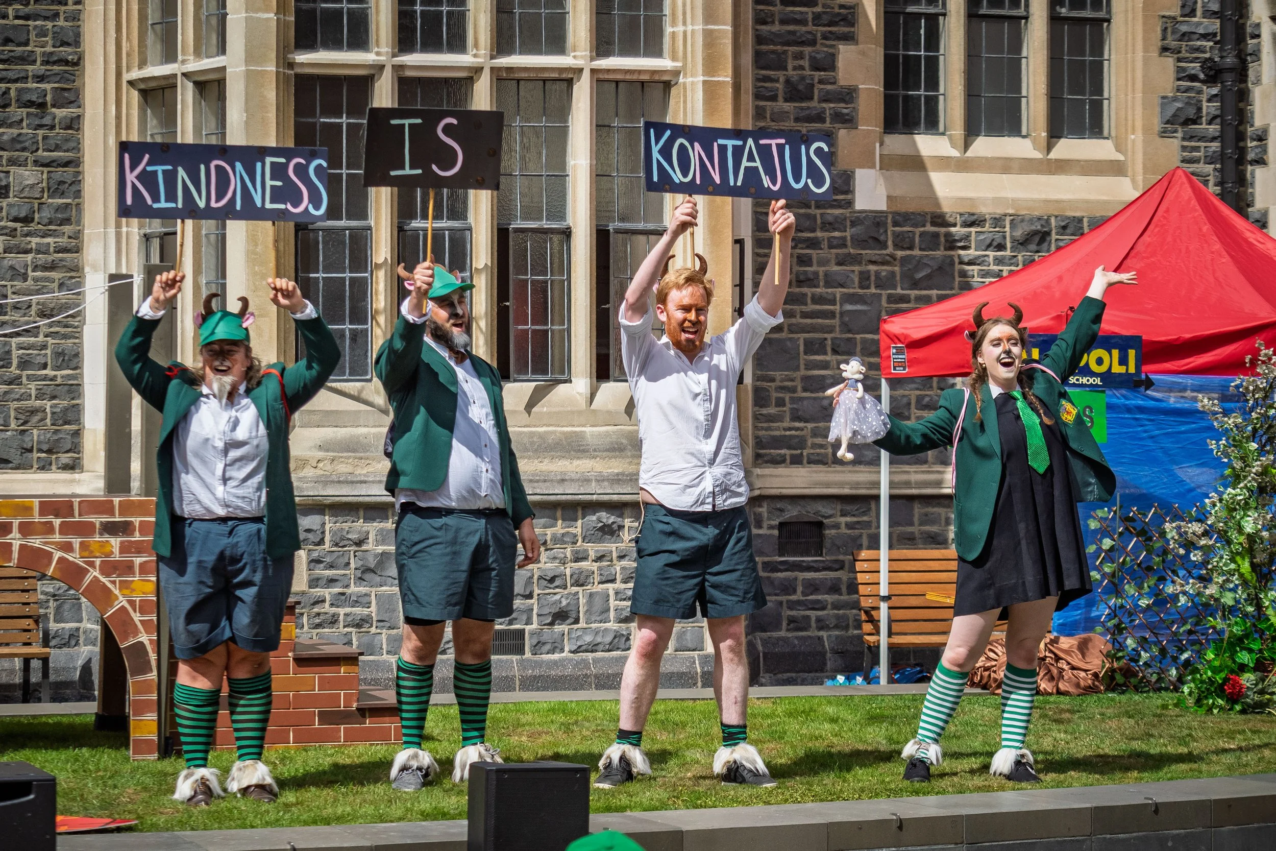 Emma Summers as Dandini Billy Goat, Thomas Woodfield as Ernesto Billy Goat, Alex Robinson as Osmin Billy Goat, Elizabeth Ellison as Lucy Billy Goat.

Photograph ©️ Wei Li Jiang for Toi Toi Opera 2025