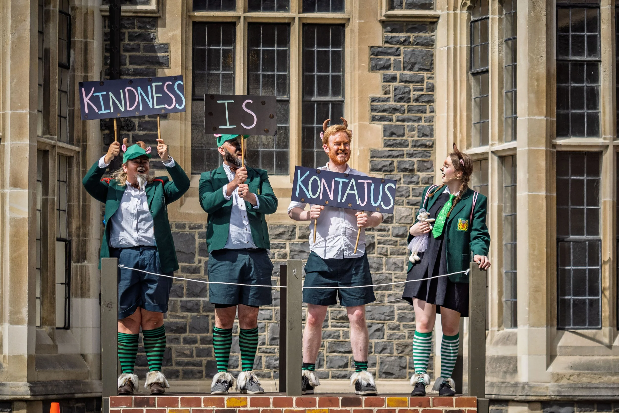 Emma Summers as Dandini Billy Goat, Thomas Woodfield as Ernesto Billy Goat, Alex Robinson as Osmin Billy Goat, Elizabeth Ellison as Lucy Billy Goat.

Photograph ©️ Wei Li Jiang for Toi Toi Opera 2025