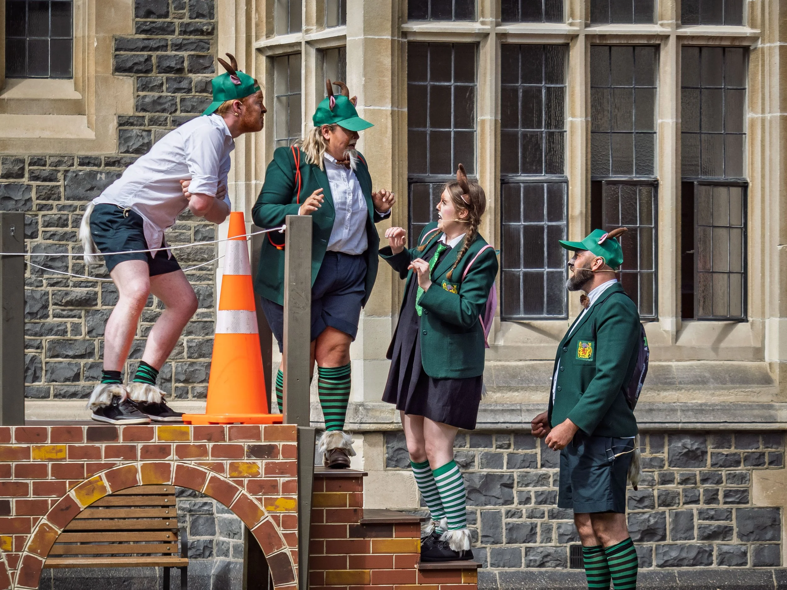 Alex Robinson as Osmin Billy Goat, Emma Summers as Dandini Billy Goat, Elizabeth Ellison as Lucy Billy Goat, Thomas Woodfield as Ernesto Billy Goat.

Photograph ©️ Wei Li Jiang for Toi Toi Opera 2025