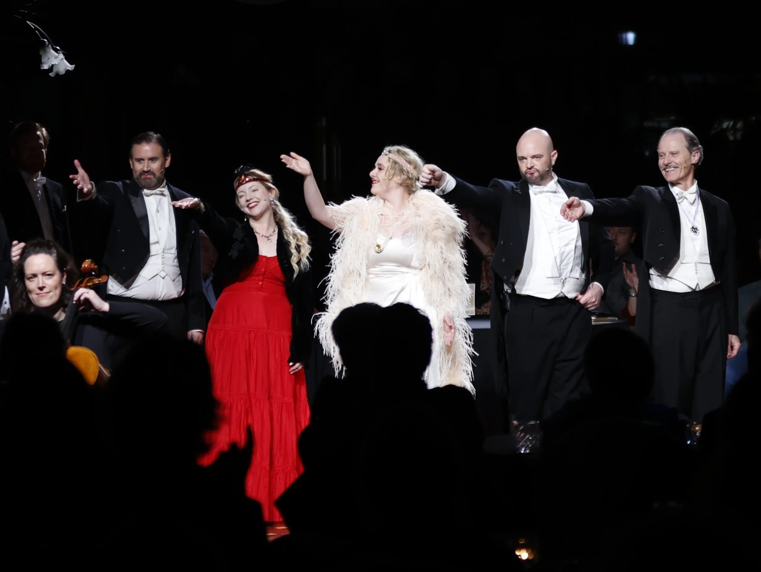 Final Principal Curtain Call, from left Nigel Withington (Camille), Katherine Doig (Valencienne), Matilda Wickbom (Hanna), Andrew Grenon (Danilo), and Warwick Shillito (Baron Zeta)
