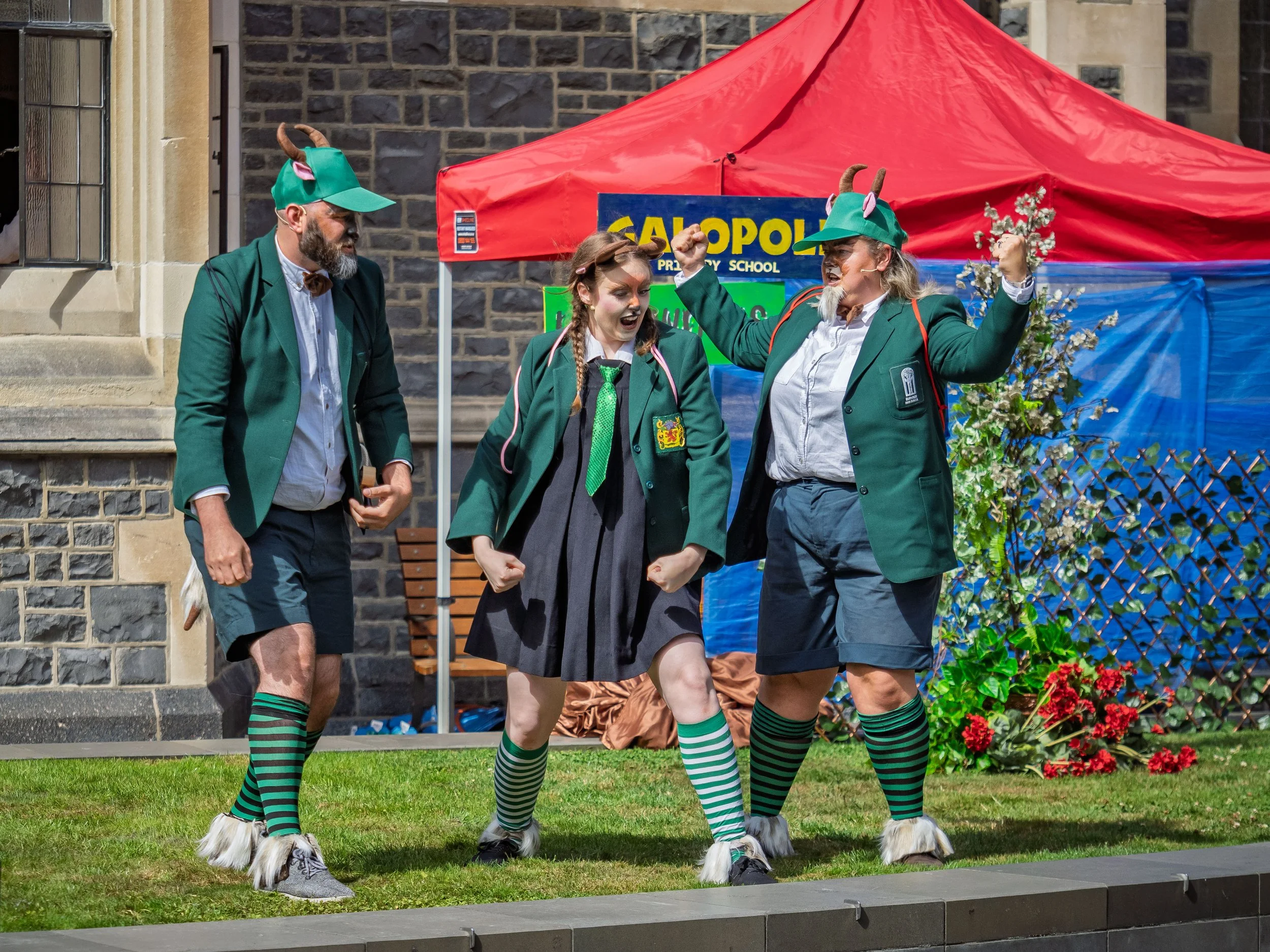 Thomas Woodfield as Ernesto Billy Goat, Elizabeth Ellison as Lucy Billy Goat, Emma Summers as Dandini Billy Goat.

Photograph ©️ Wei Li Jiang for Toi Toi Opera 2025