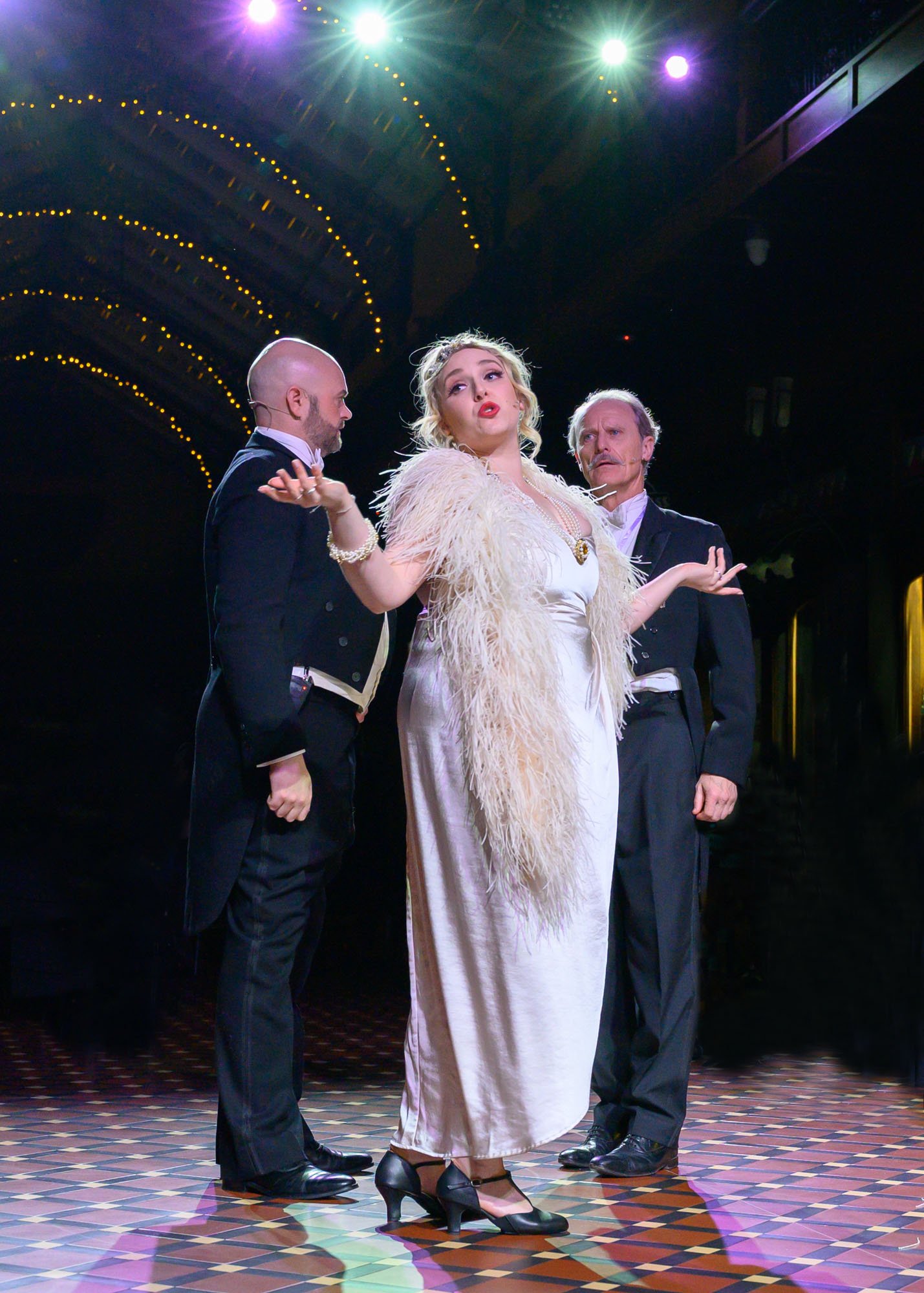 Andrew Grenon (Danilo), Matilda Wickbom (Hanna), and Warwick Shillito (Baron Zeta)