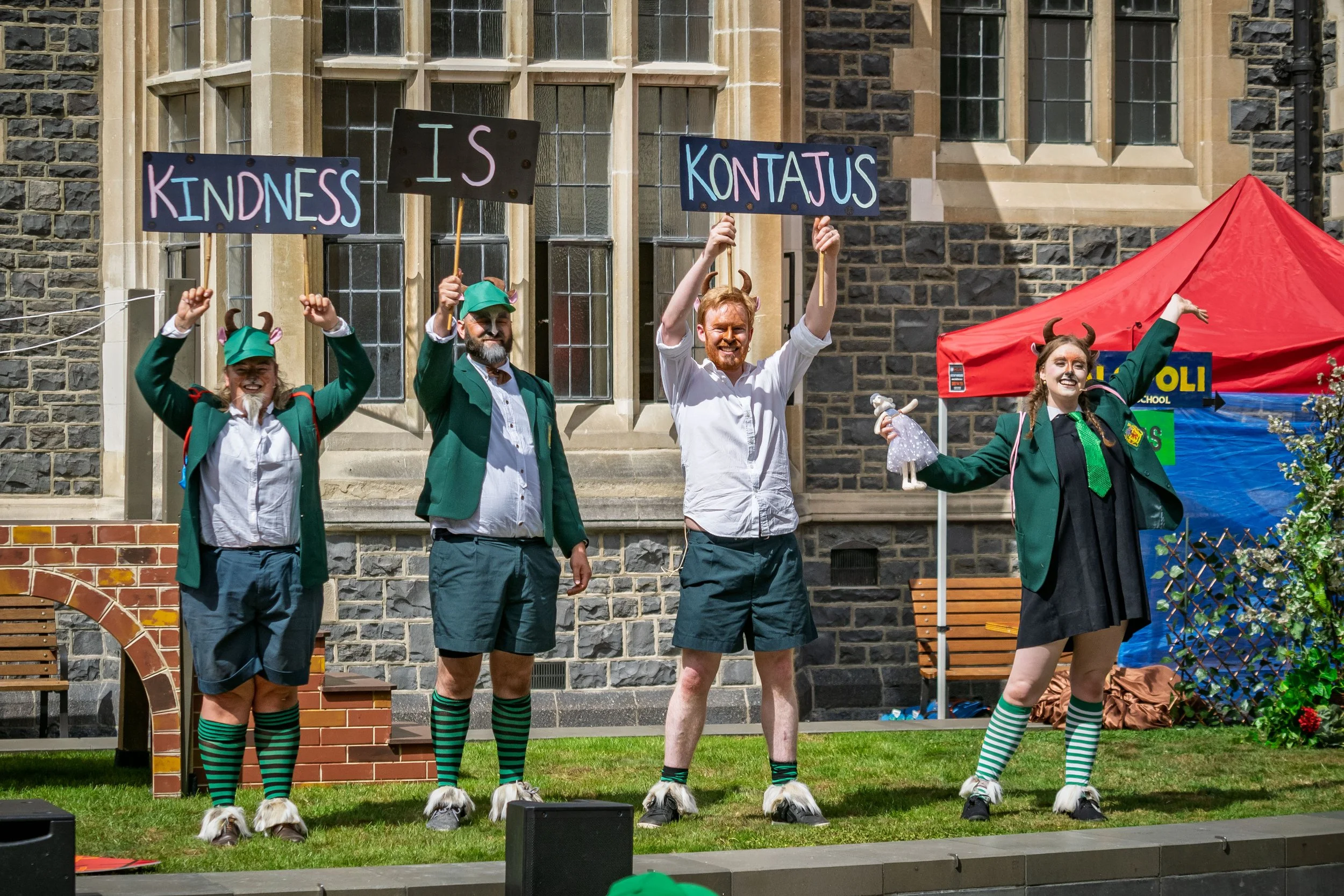 Emma Summers as Dandini Billy Goat, Thomas Woodfield as Ernesto Billy Goat, Alex Robinson as Osmin Billy Goat, Elizabeth Ellison as Lucy Billy Goat.

Photograph ©️ Wei Li Jiang for Toi Toi Opera 2025