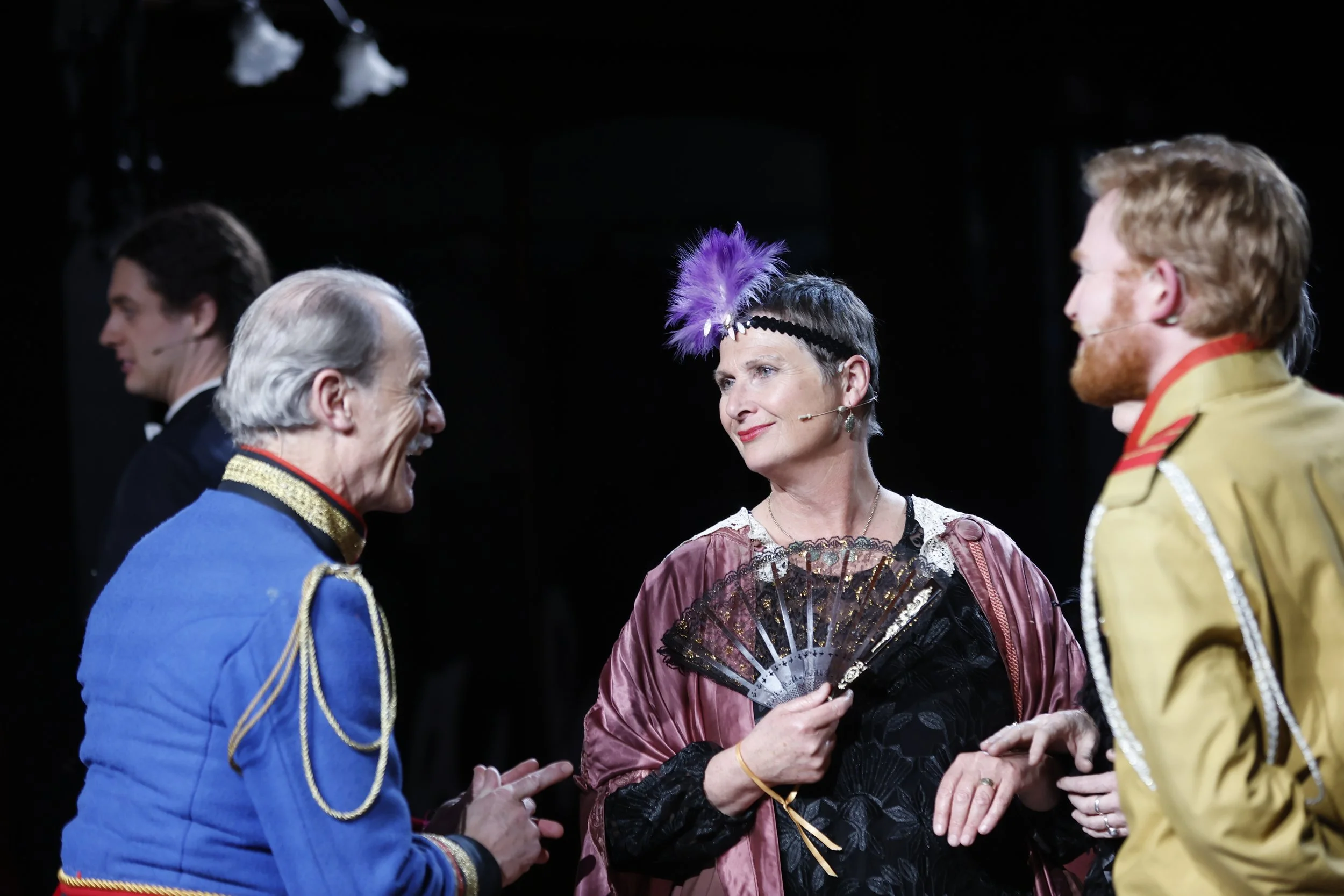 Warwick Shillito (Baron Zeta), Louisa Pilkington (Praskovia), and Alex Robinson (Dominik Bogdanovich)