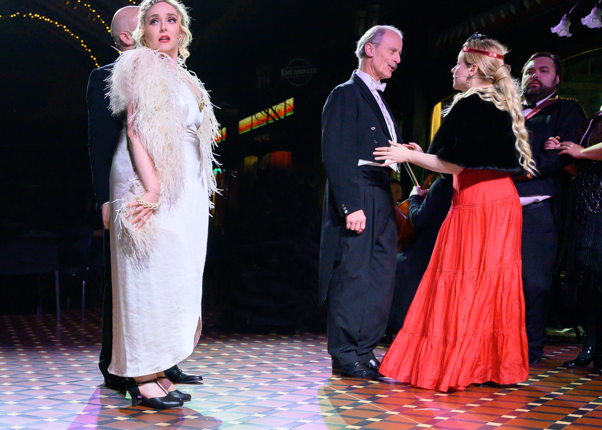Andrew Grenon (Danilo) and Matilda Wickbom (Hanna), Warwick Shillito (Baron Zeta), and Katherine Doig (Valencienne) 