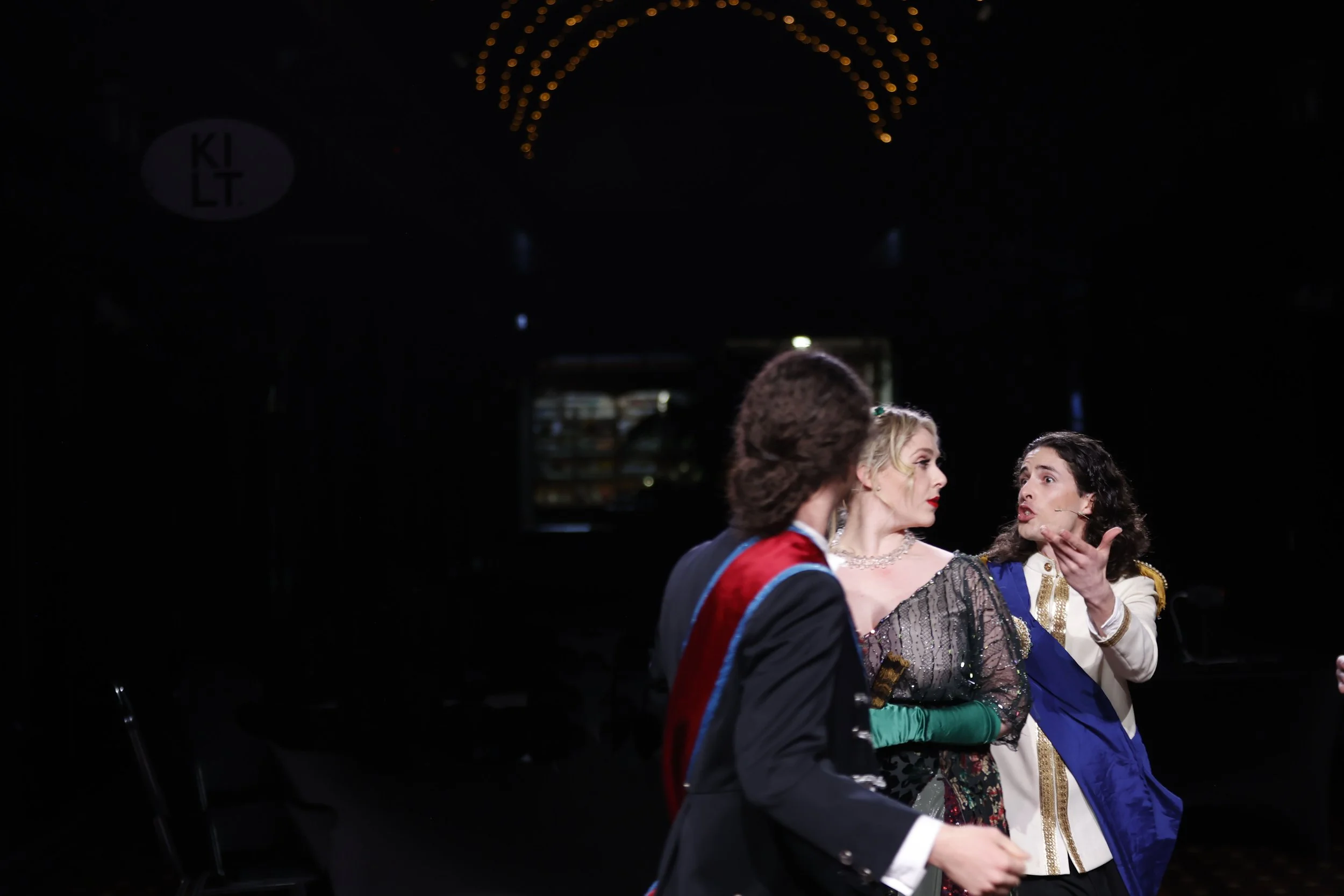 Kahu Gray (Viscount Nicolas Cascada), Matilda Wickbom (Hanna Glavari), and Conrad Goddard (Raoul de St. Brioche)