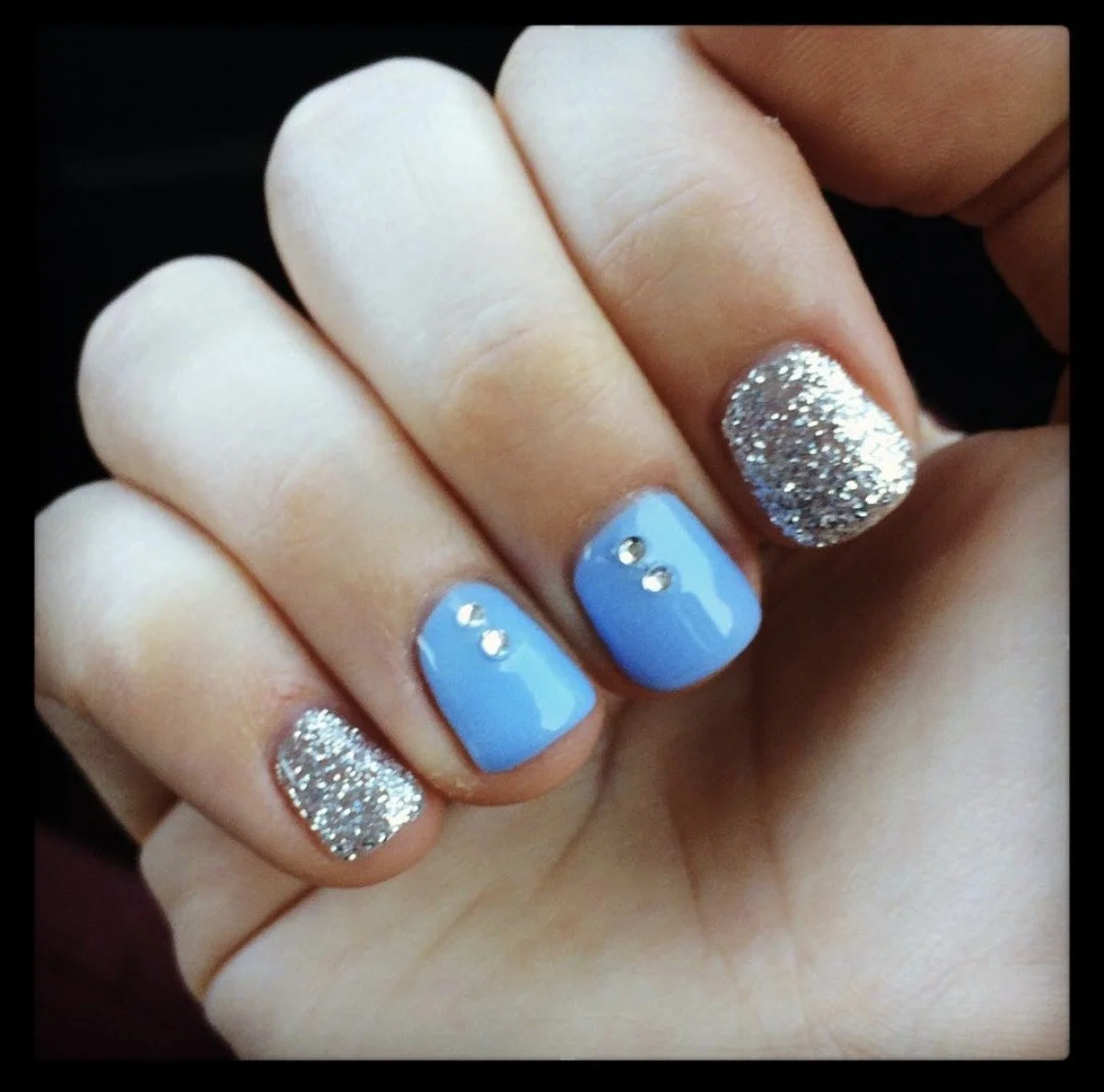 Glittery rhinestone manicure, worn after leaving a corporate job with a strict dress code