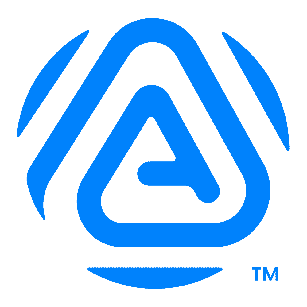 Blue and black logo with a stylized letter A inside an abstract globe design.