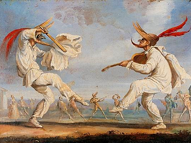 old etching of two masked characters dancing and playing instruments