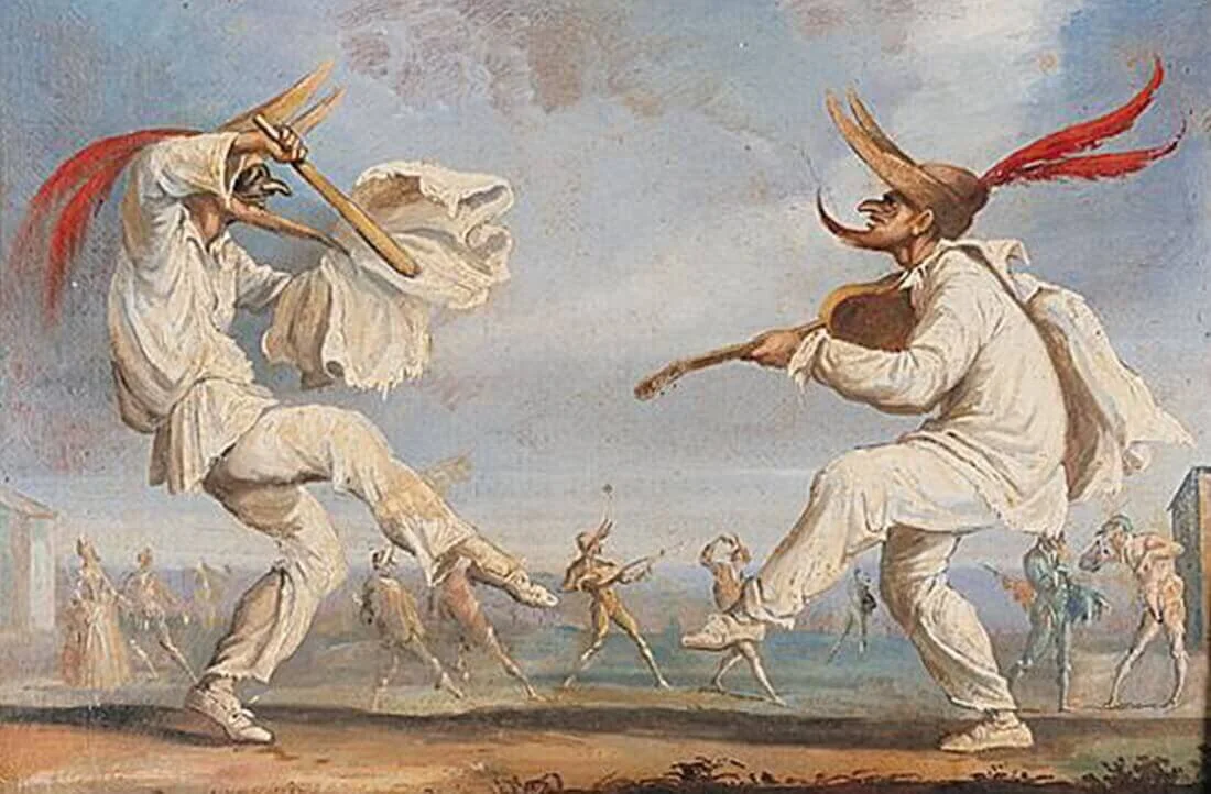 an historic colour illustration of two long nose masked characters dancing