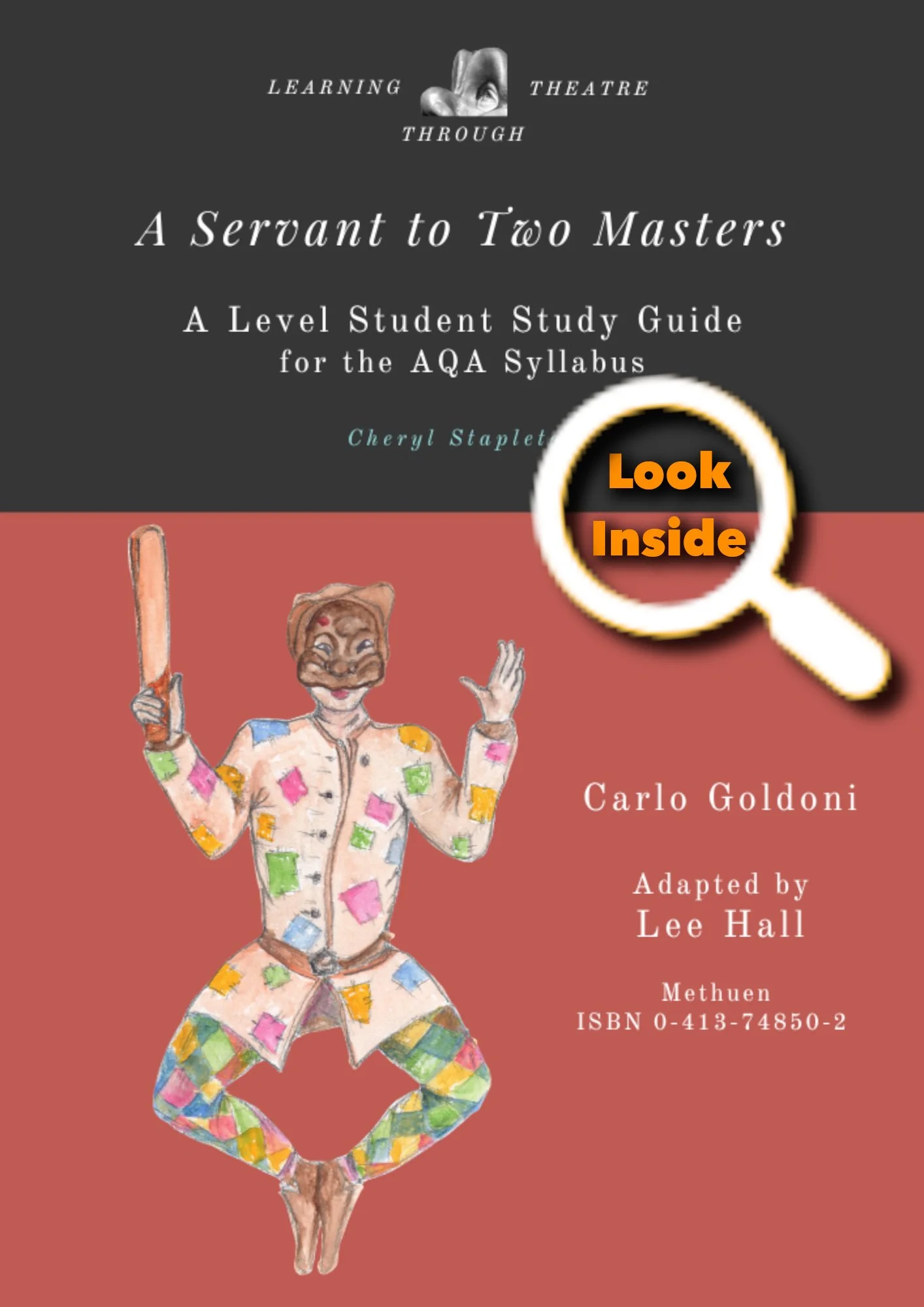 cover of guide with text and image of Truffaldino jumping holding a slapstick and look inside icon