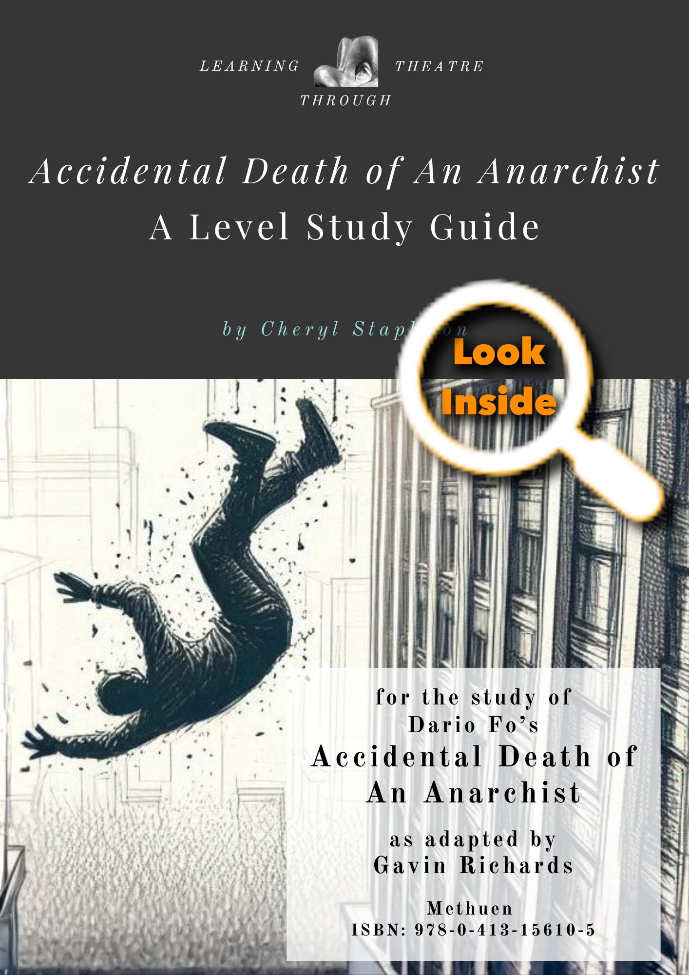 cover of guide with text and image of falling man and a look inside icon