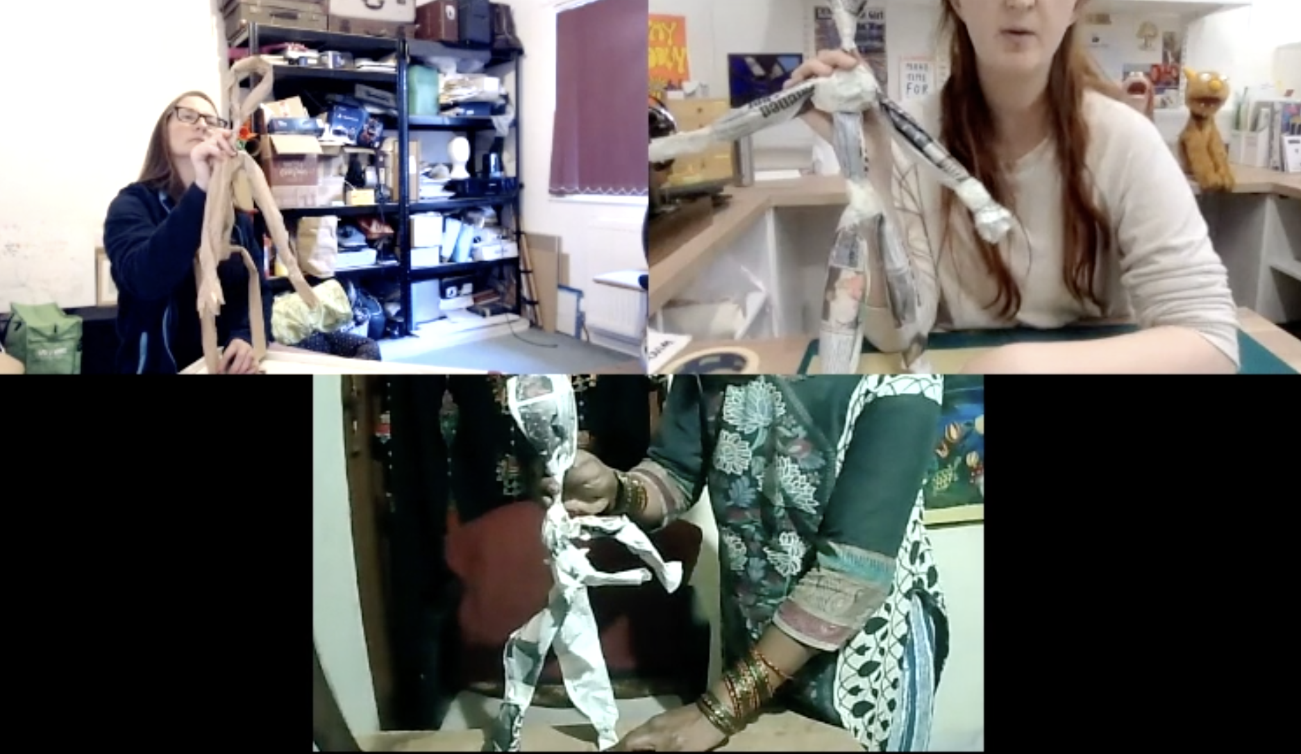 three video screens with people manipulating simple paper puppets