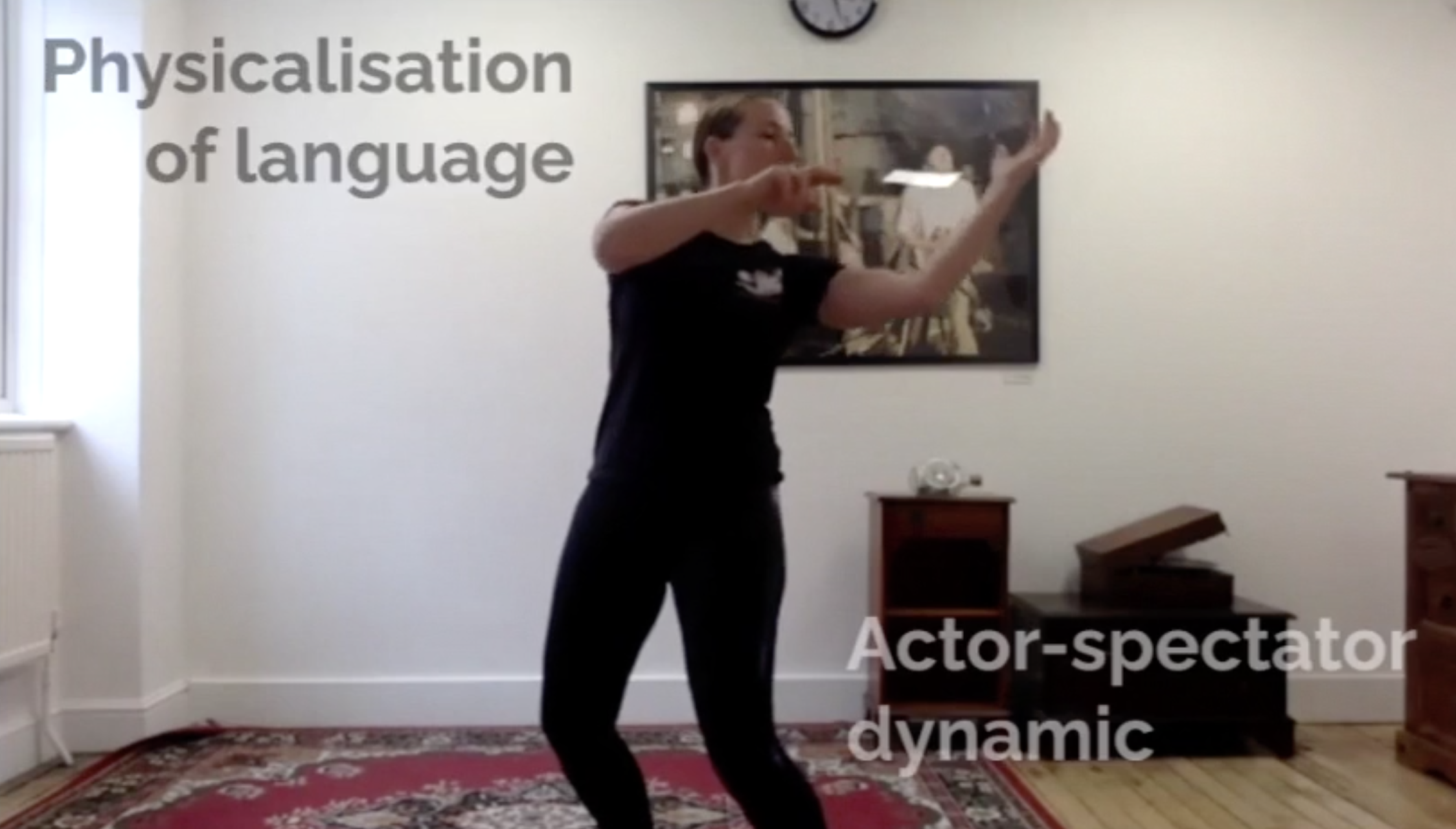 a single performer demonstrating fluid movement and words on screen