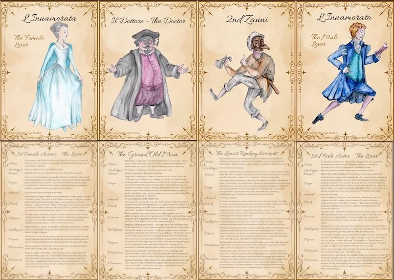 illustrations of four characters with blurred images of dense writing underneath