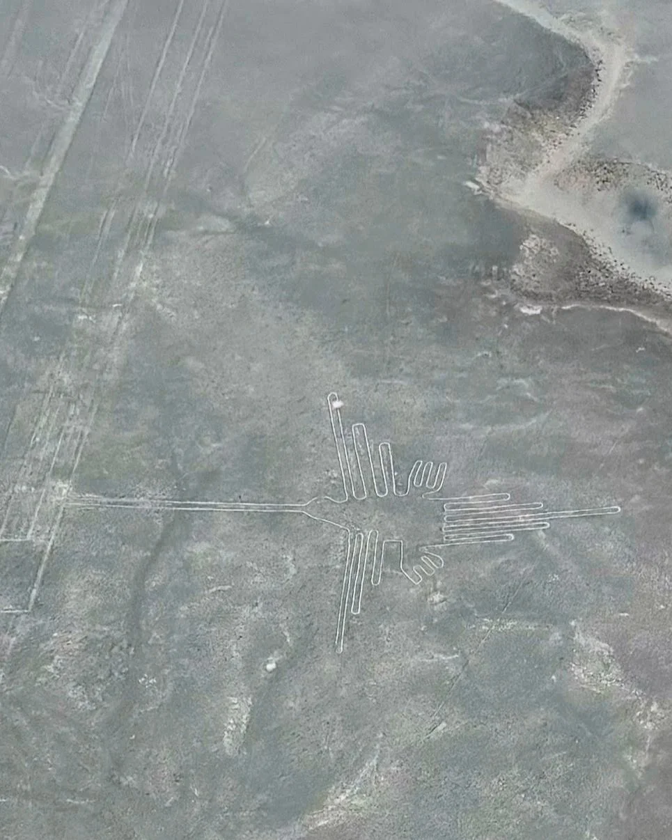 the Nazca Lines Geoglyph depicting a hummingbird, photo taken from an airplane flying above