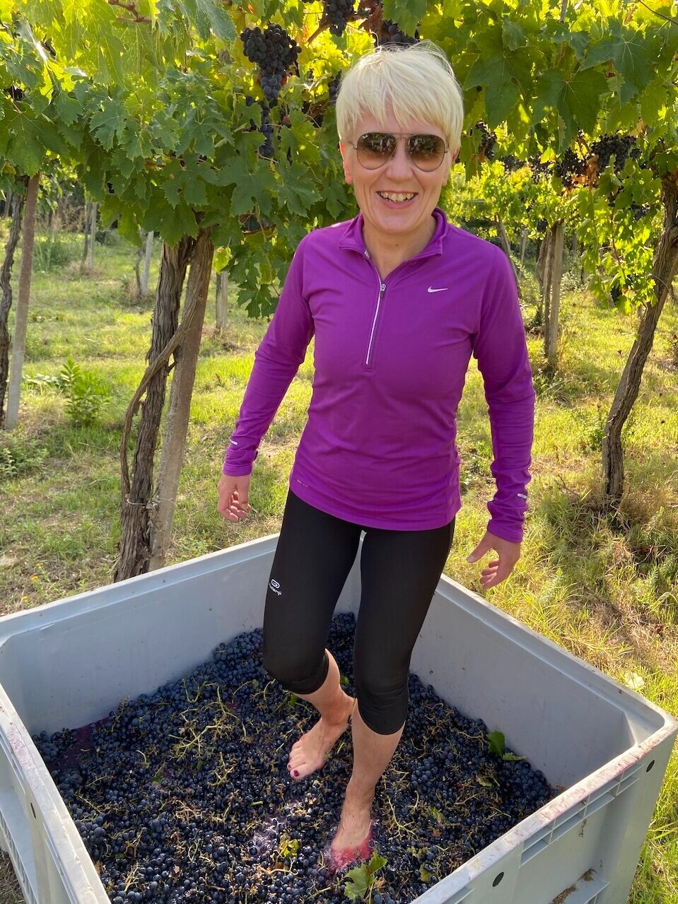 Anita at grape harvest with montepulciano grapes