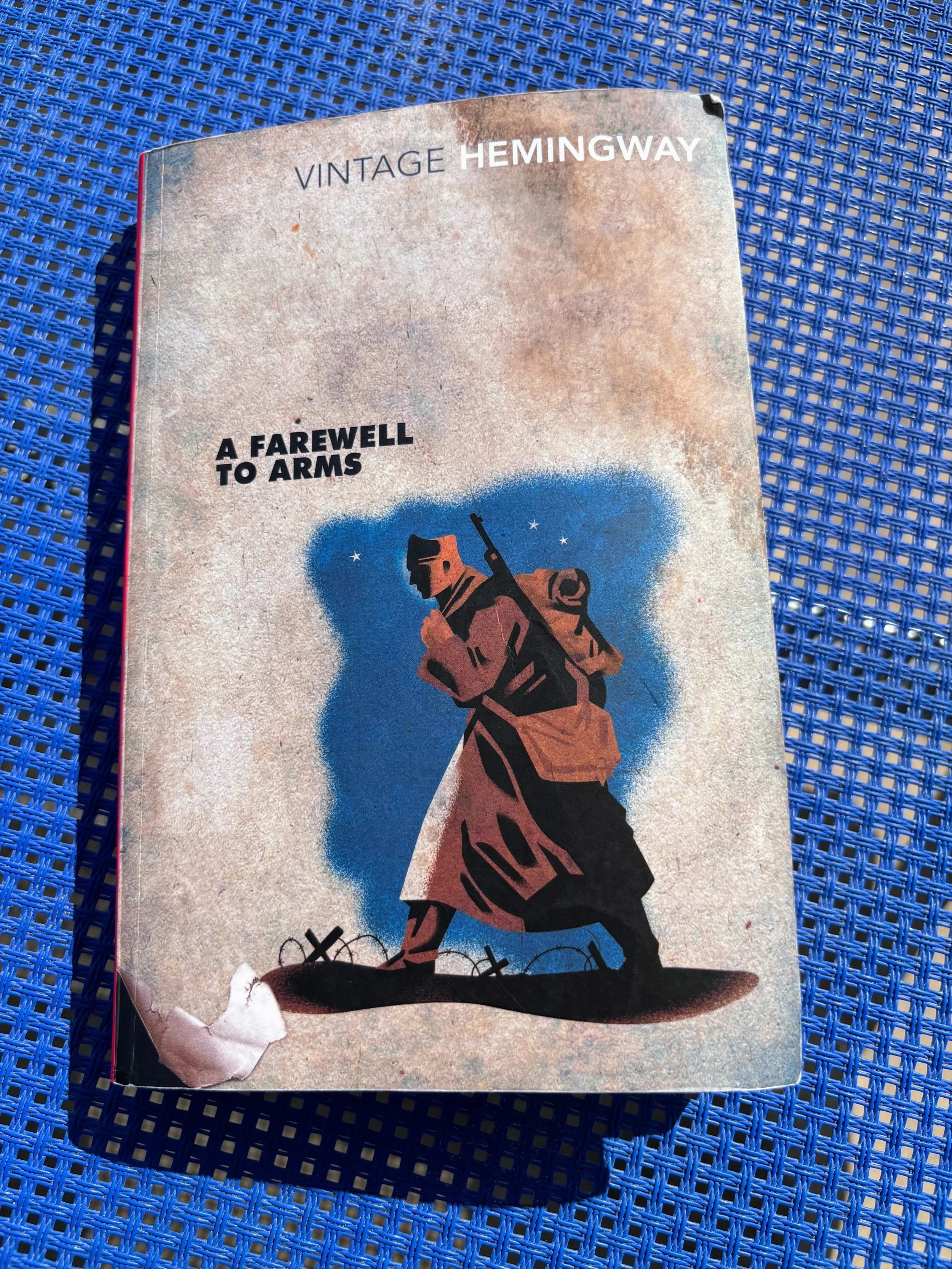 Hemingway's novel A Farewell to Arms on a blue sunbed