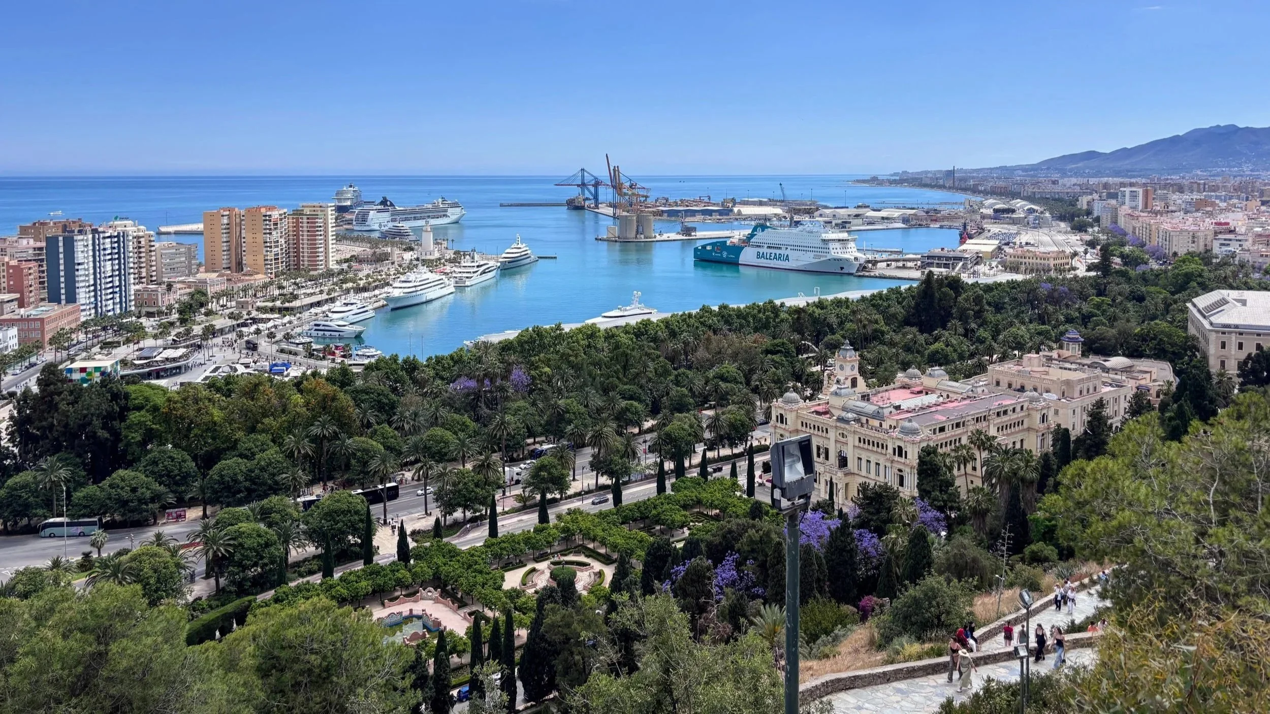 View over Malaga harbor seen when walking down from Gibralfaro Castle