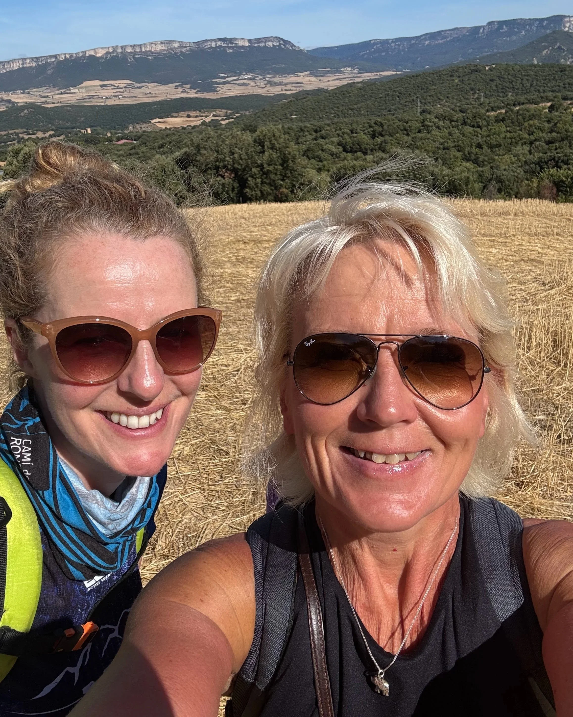 Selfie of Muriel and Anita somewhere in the hills between Estella and Sansol on the Camino de Santiago.