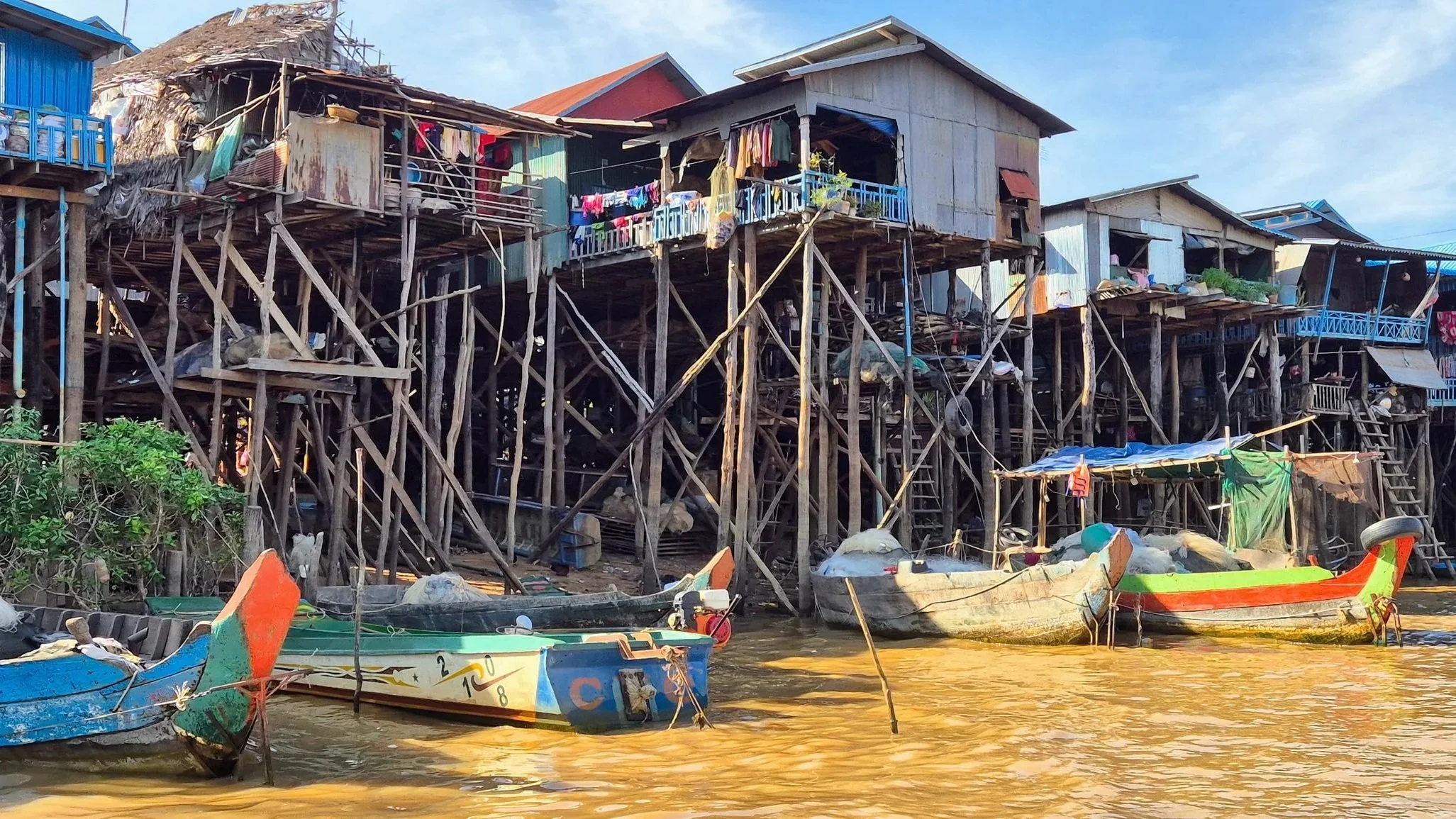 Stilted houses in Pampong Phluk in Cambodia during the dry season