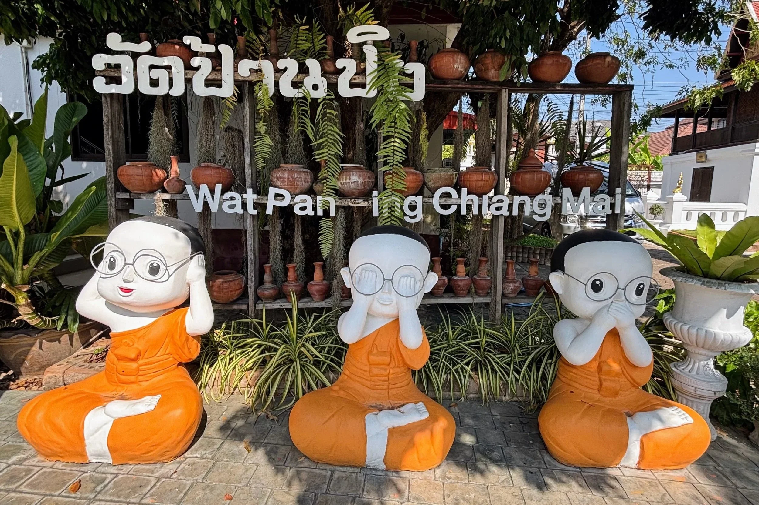 A Chiang Mai version of “see no evil, hear no evil, speak no evil” with three monk statues instead of monkeys