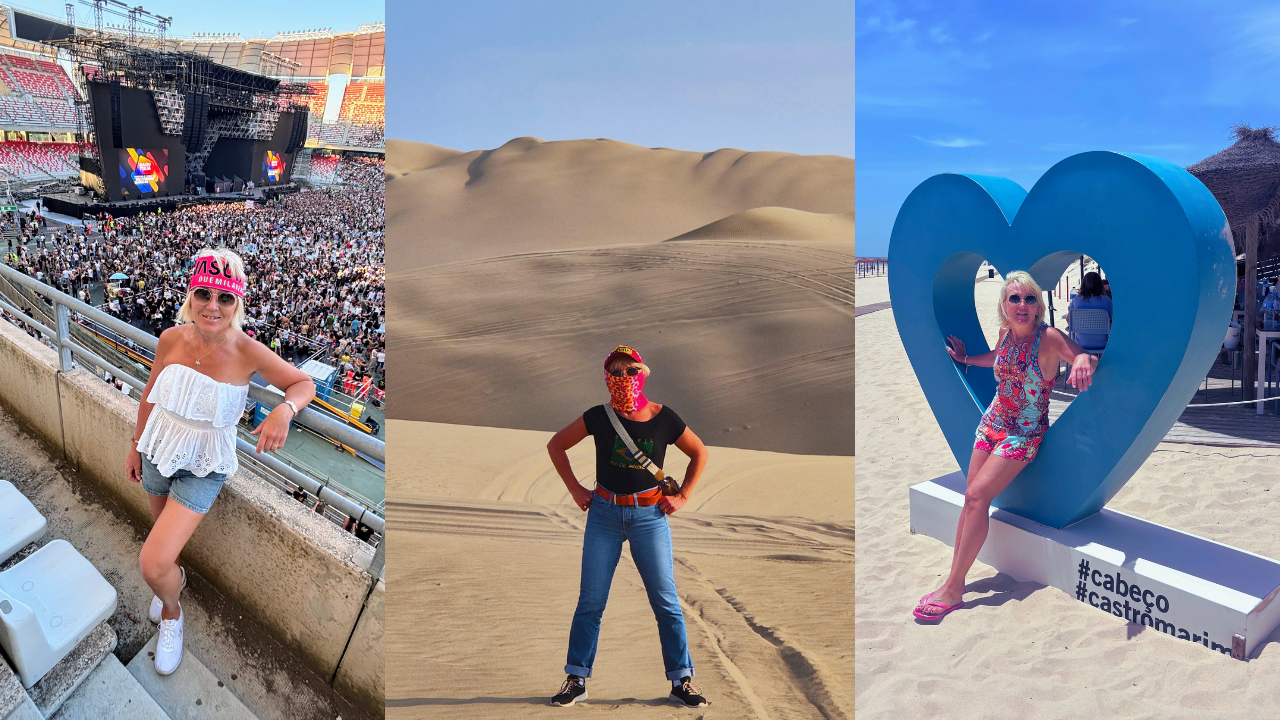 A collage of three photos of Anita: left, at a Vasco Rossi stadium concert with the stage and crowd in the background. Center, in a sand desert in Peru. Right, sitting on a giant blue heart on the beach in Algarve, Portugal.