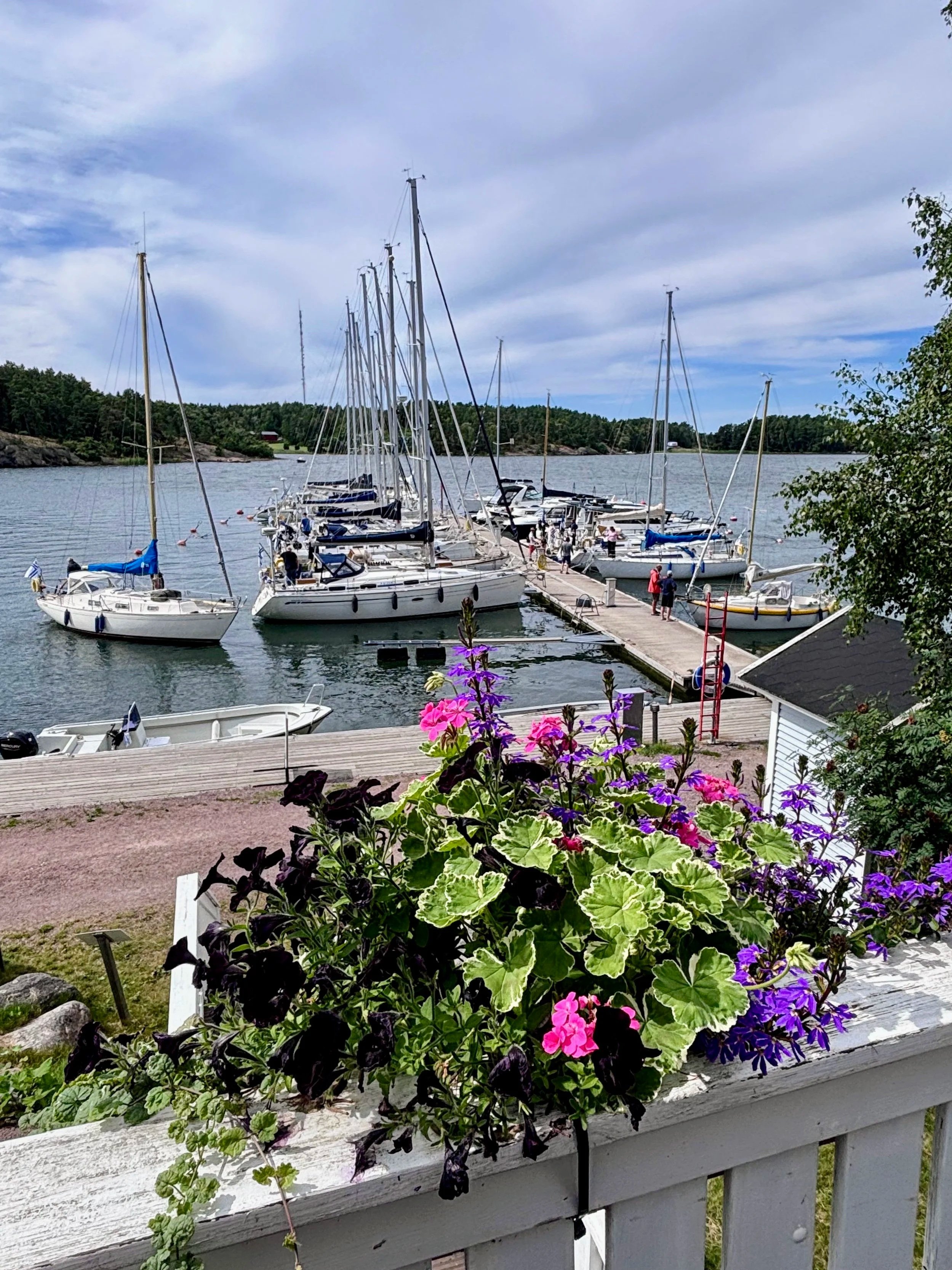 A guest harbor with sailing boats docked on a pier in the Finnish Archipelago.