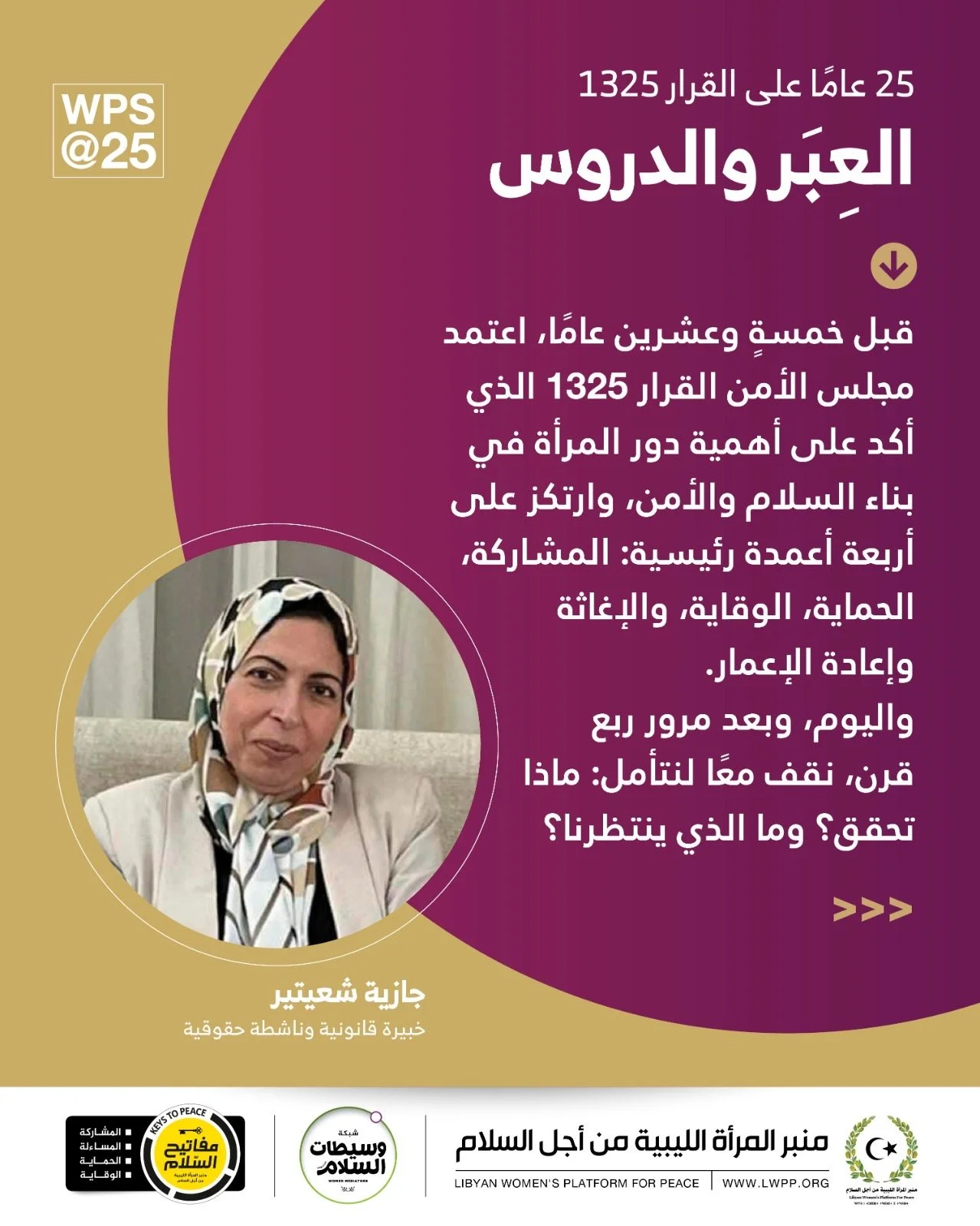 An LWPP campaign graphic marking 25 years of UNSCR 1325. The image includes a photo of Libyan lawyer and activist Jaziya Shaitir.