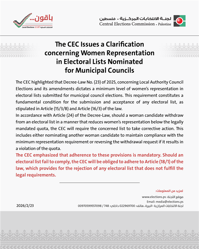 Women’s political quota is mandatory, Palestinian electoral commission affirms 
