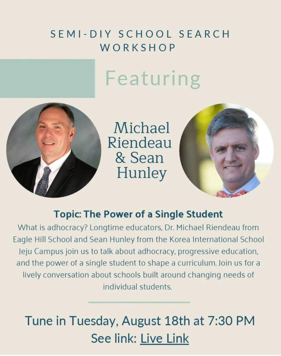 Crossbridge welcomes expert guests, Dr. Michael Riendeau from EagleHillSchool and Sean Hunley from Korean International School @koreaninternational to speak about progressive education and the power of a single student to shape curriculum. 

Join us 