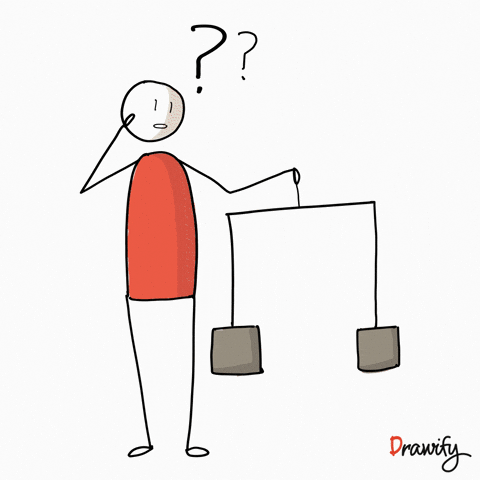 image of a stick figure carrying a scale with weights that are moving up and down. There are two question marks floating above the stick figure's head.