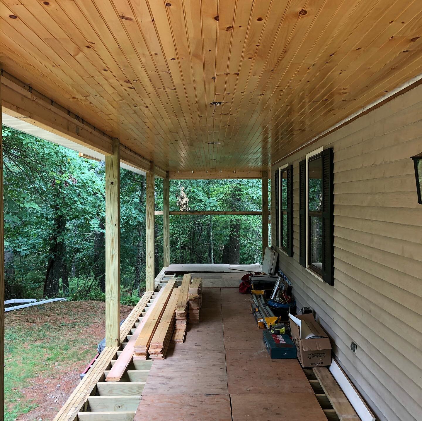 Beautiful beadboard ceiling progress on our front porch project!
