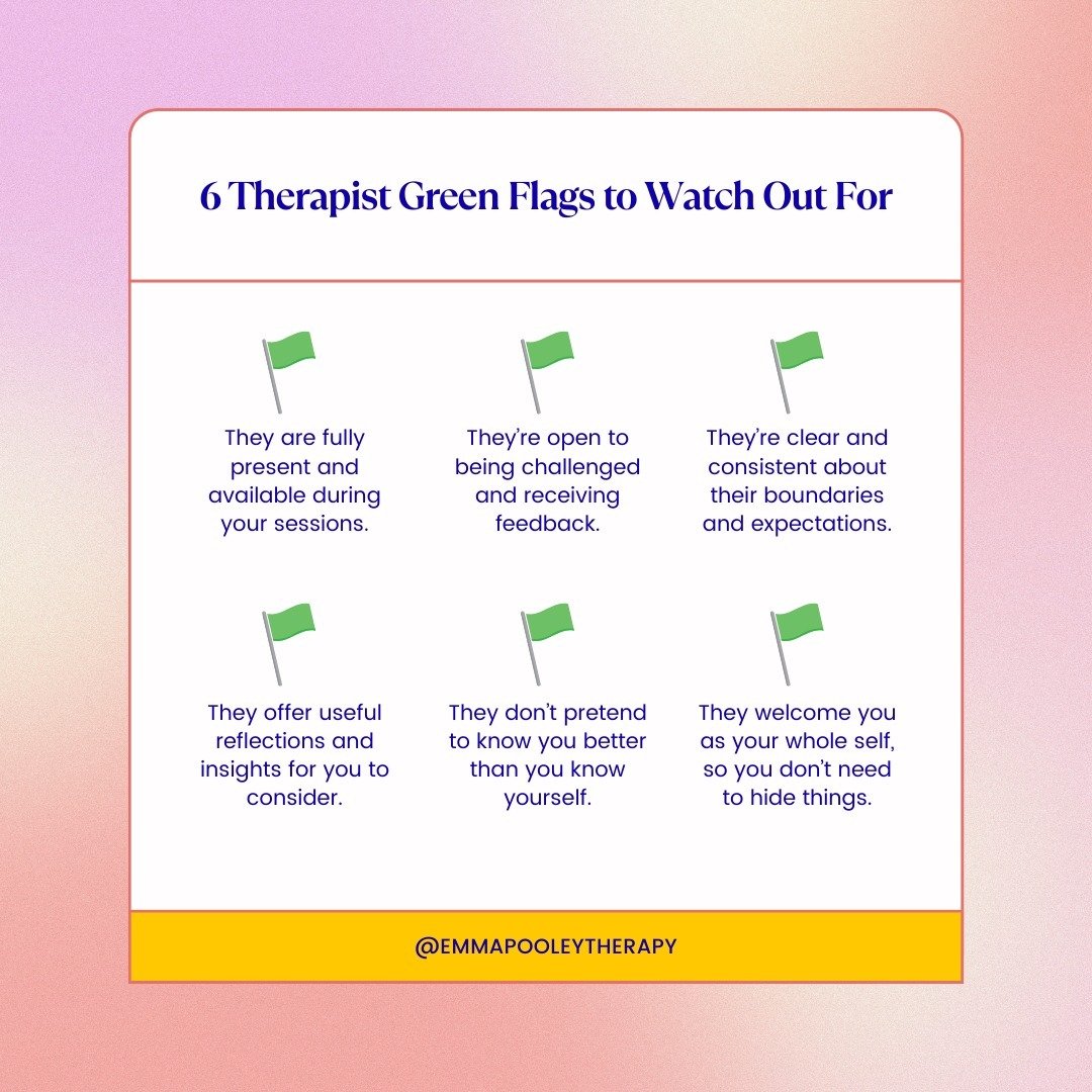 Therapy Thursday 🛋️ 

Here are just a few of the therapist green and red flags that I'd encourage you to look out for if you're looking for a therapist.

Given that therapy is a vulnerable process, especially if you're the client, it's important tha